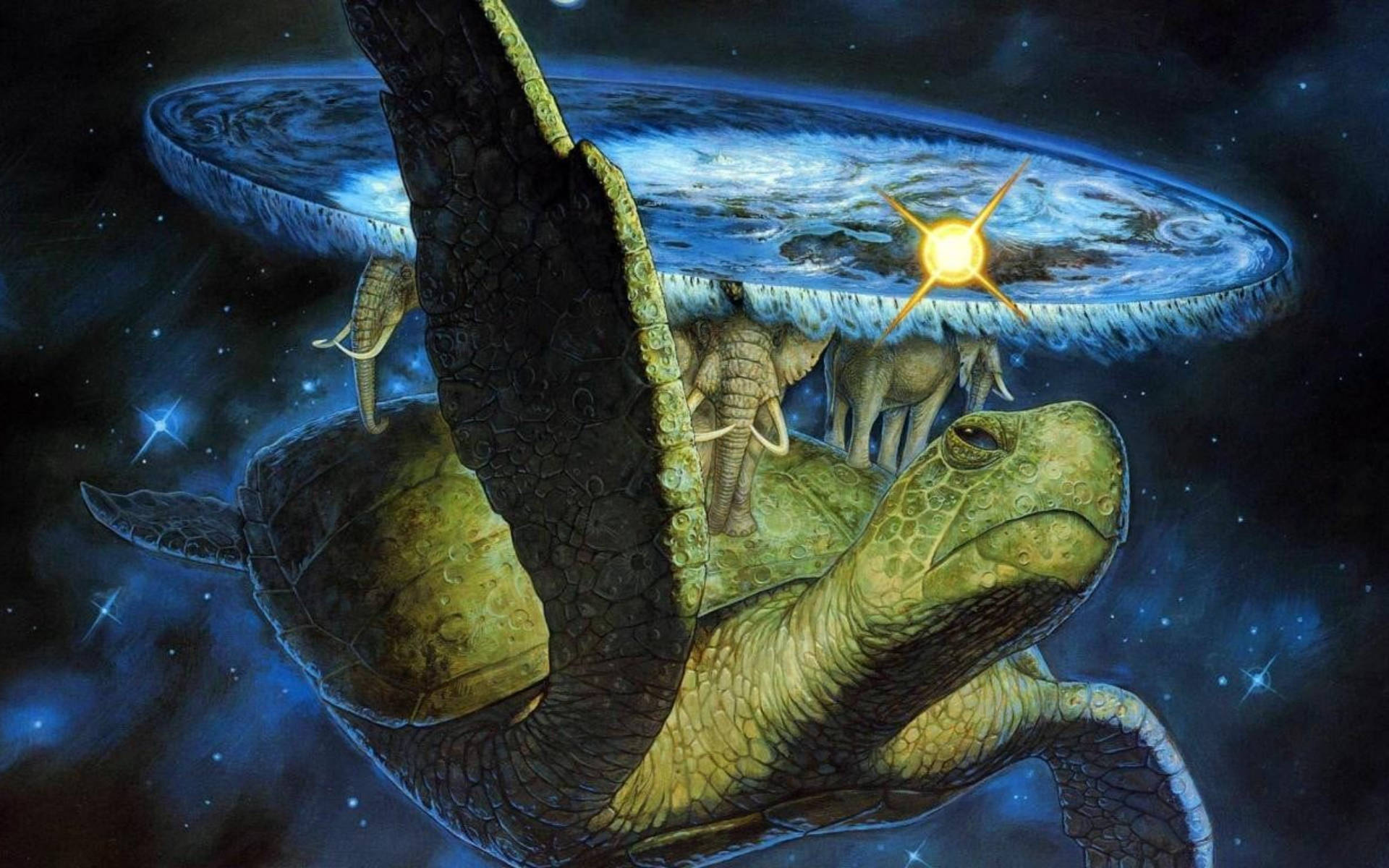 酷海龜與大象藝術 壁紙 — 一隻巨龜背負著一顆行星，大象站在其背上，在發光的星星下呈現宇宙場景。