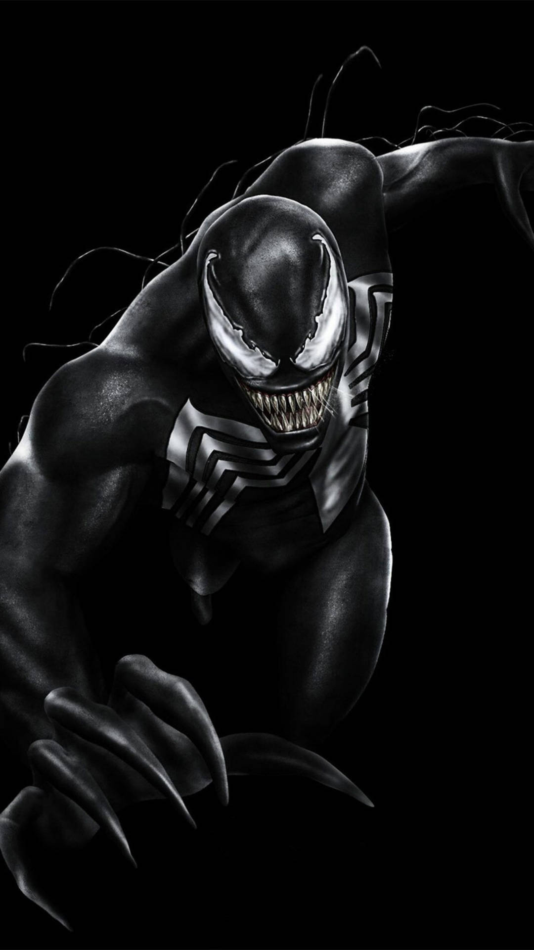 Venom 蹲伏，帶有鋒利爪子和發光眼睛，背景為黑色。
