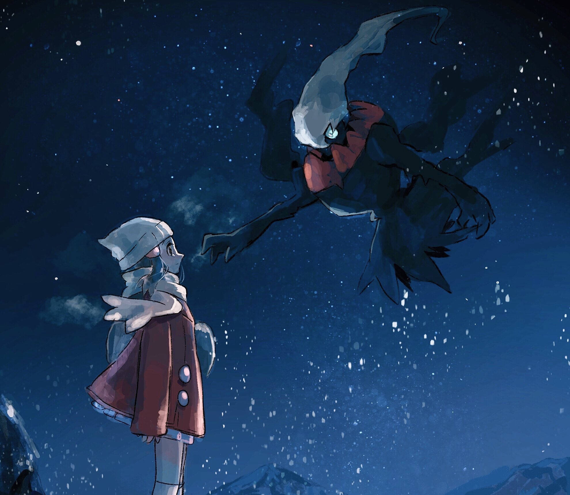 酷炫 Darkrai 與少女平板壁紙 壁紙 — 一個穿著紅色外套的小女孩抬頭望著一個幽靈般的龍形生物在雪夜星空中漂浮。