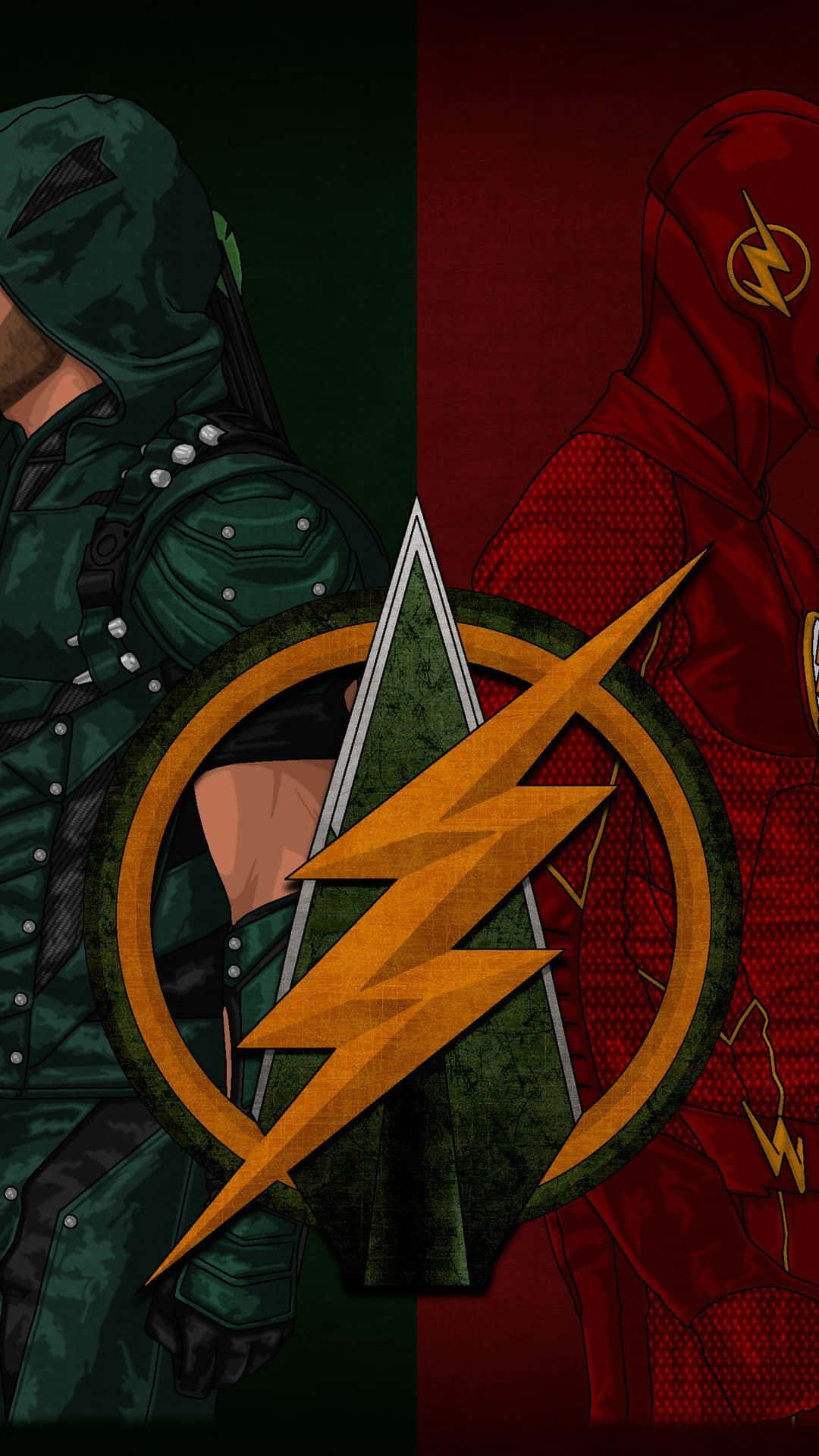 酷炫 Flash VS 箭頭 壁紙 — 分屏插圖，綠箭俠和閃電俠面對面，他們標誌性的標誌居中在兩者之間。