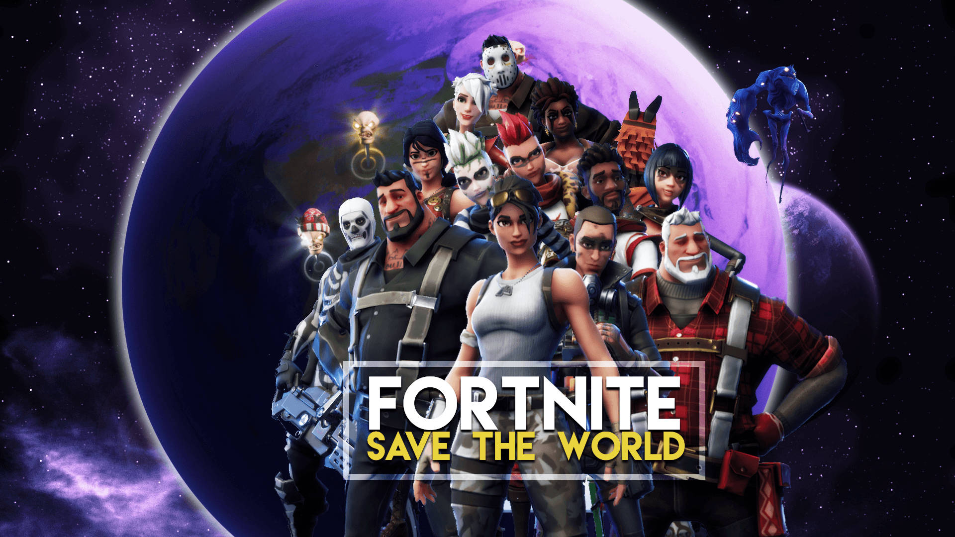 Fortnite Save The World 角色在太空中紫色星球前英雄般地擺姿勢。