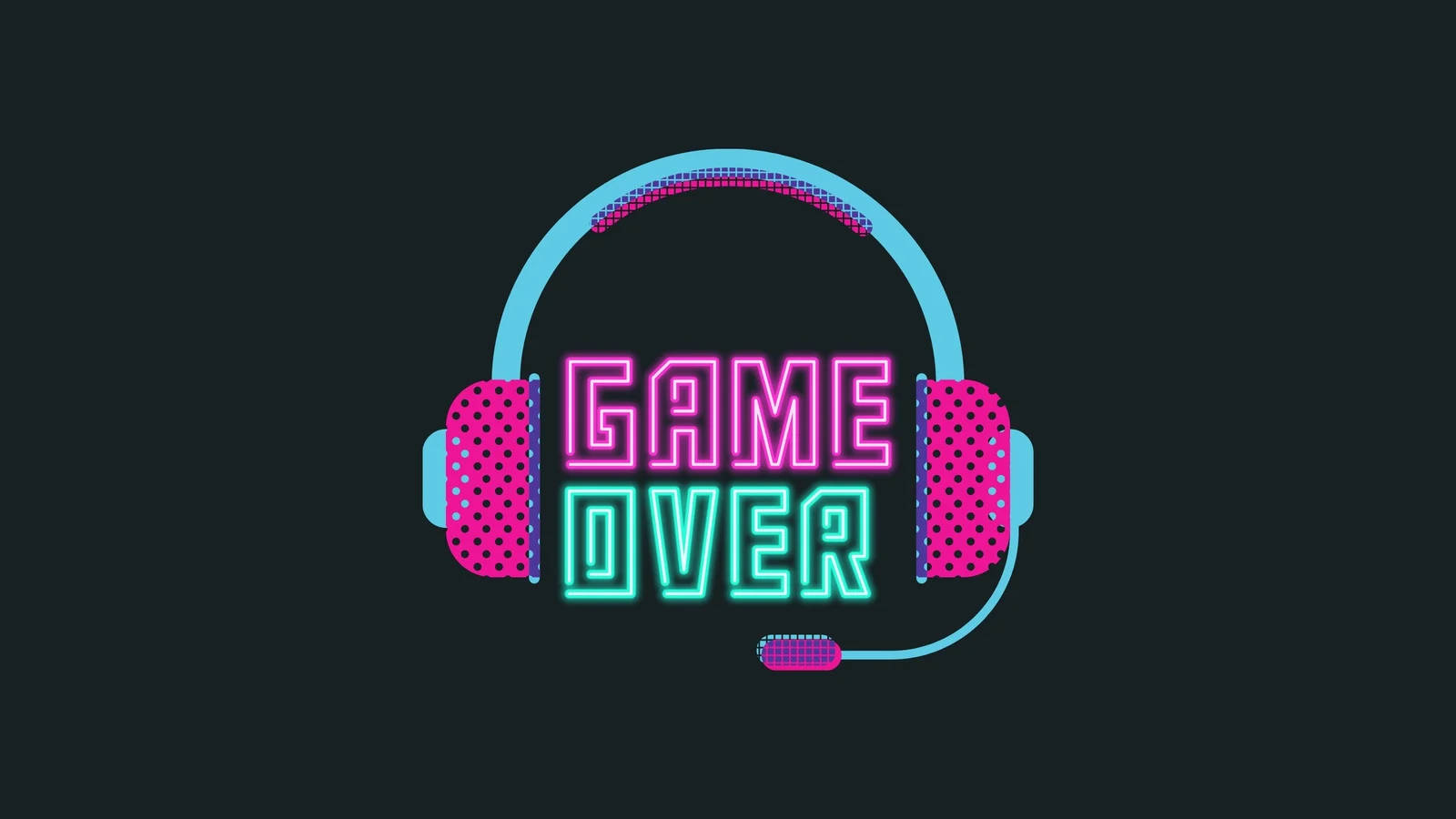 螢光粉紅和青色遊戲耳機，帶有在黑暗背景上發光的「GAME OVER」文字。