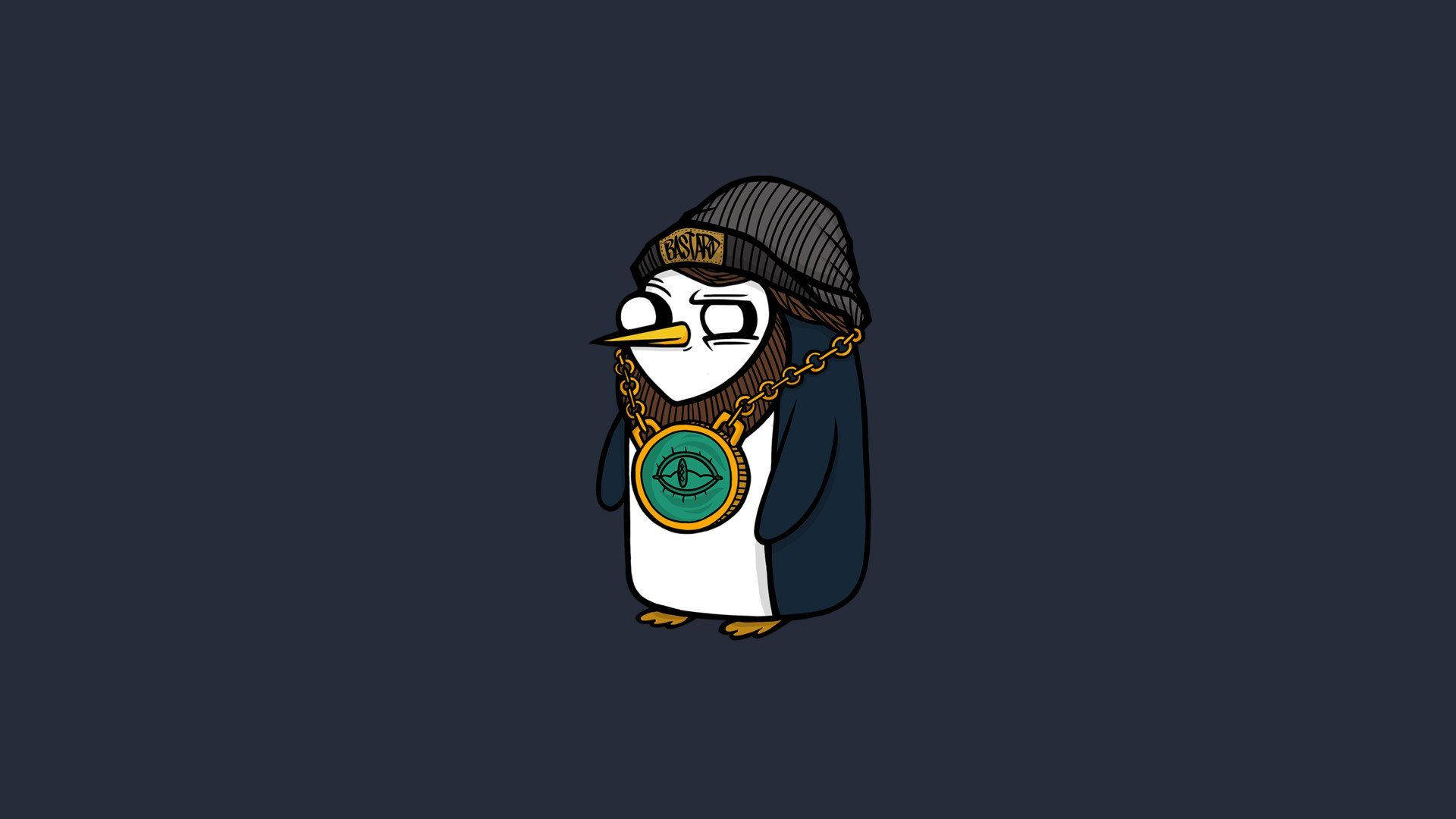 酷炫 Gunter Adventure Time 壁紙 — 一隻卡通企鵝戴著冷帽和帶有眼睛吊墜的金鏈，站在深色背景前。