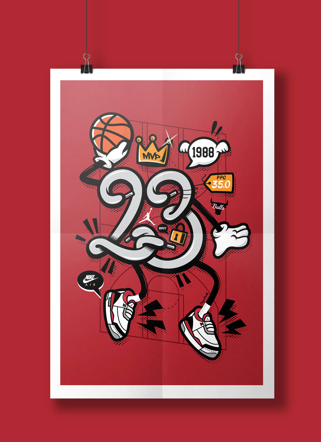 數字23的插圖海報，配有籃球鞋和1988年MVP皇冠。