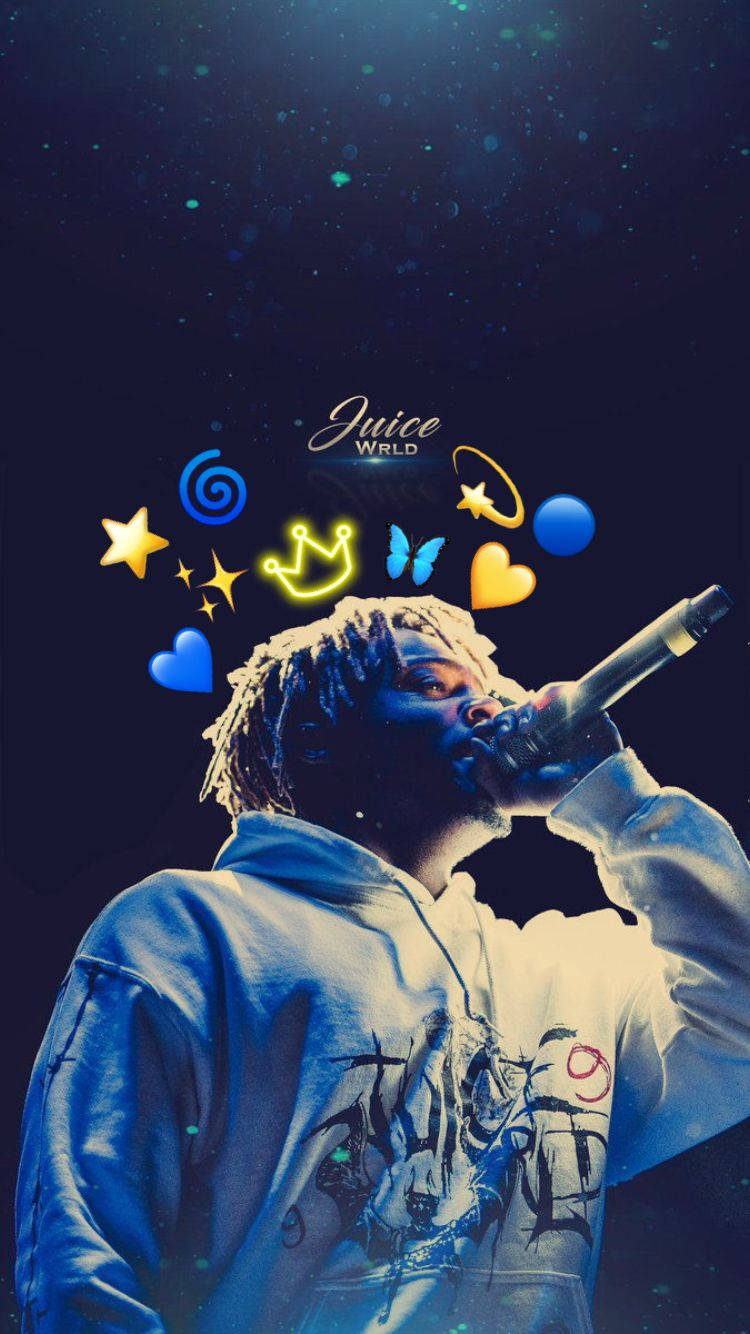 Juice WRLD 在黑暗背景中對著麥克風唱歌，周圍有彩色表情符號和星星。