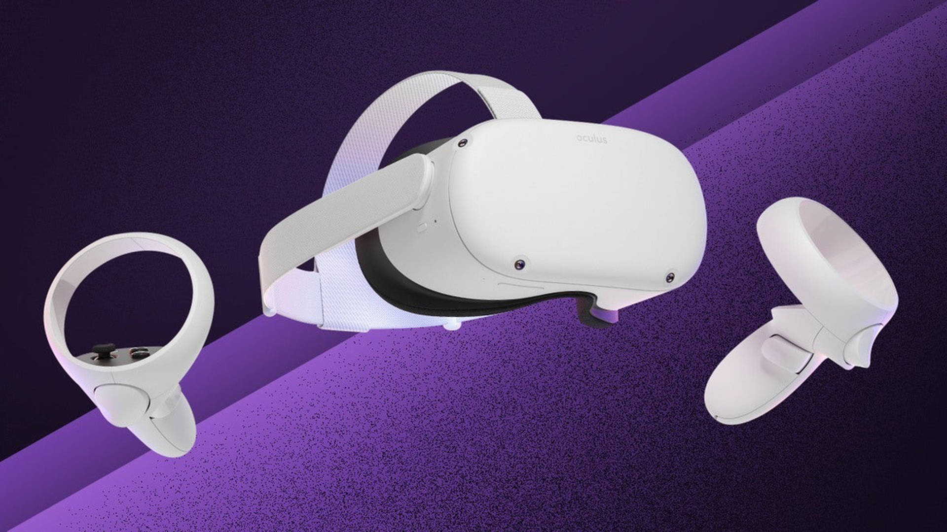 酷炫 Oculus Quest 2 展示 壁紙 — 白色Oculus VR頭戴式裝置和控制器漂浮在帶有紋理的紫色漸變背景上。