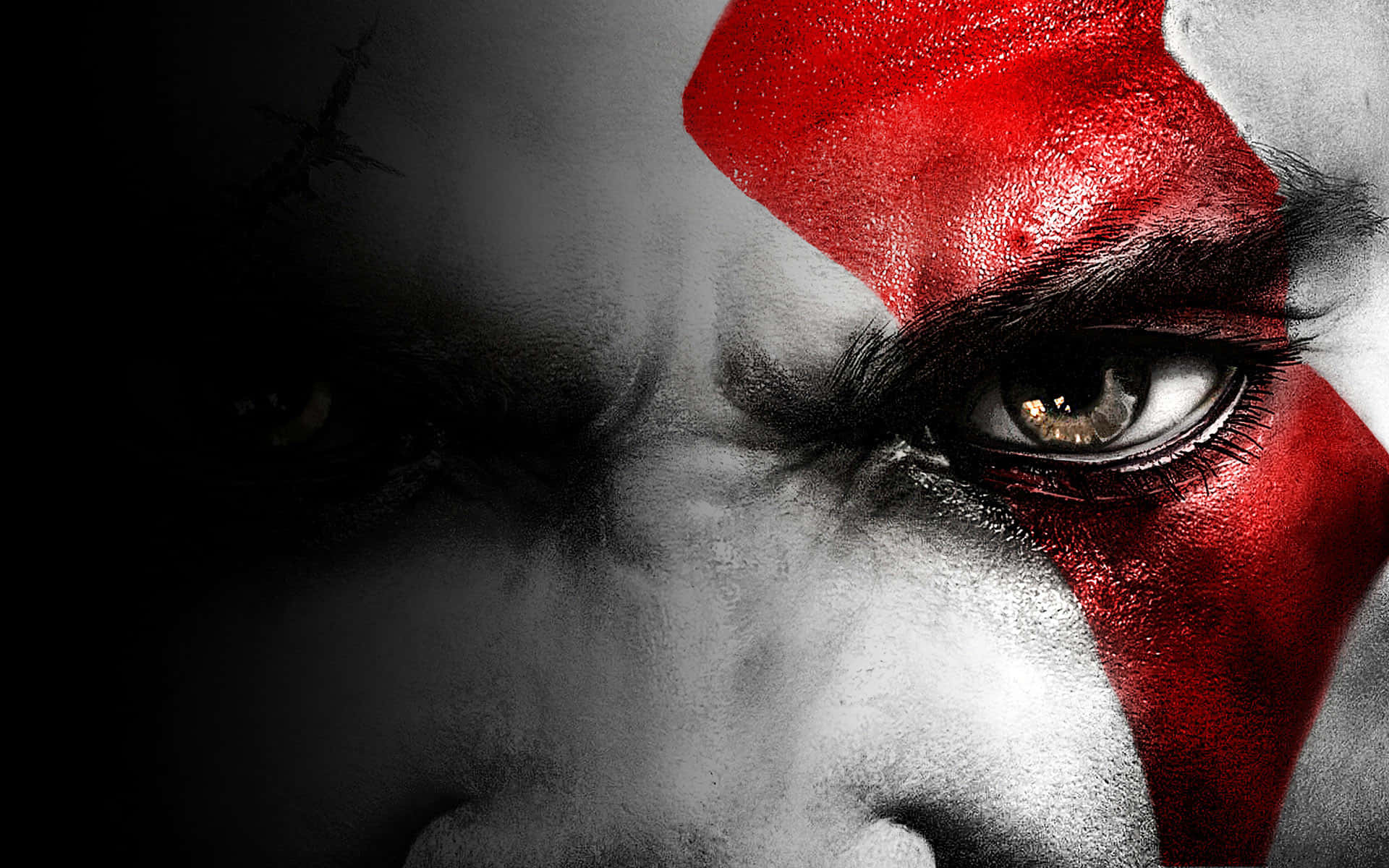 酷炫 PlayStation 4 個人頭像照片 壁紙 — 一個凶猛戰士臉部的特寫，一隻眼睛上帶有醒目的紅色部落標記，眼神凌厲。