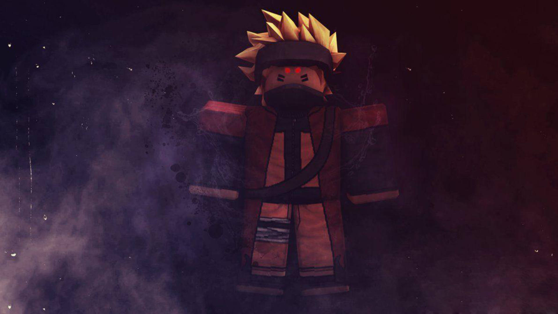 Roblox Naruto角色，戴面具和尖刺頭髮，在黑暗煙霧背景中