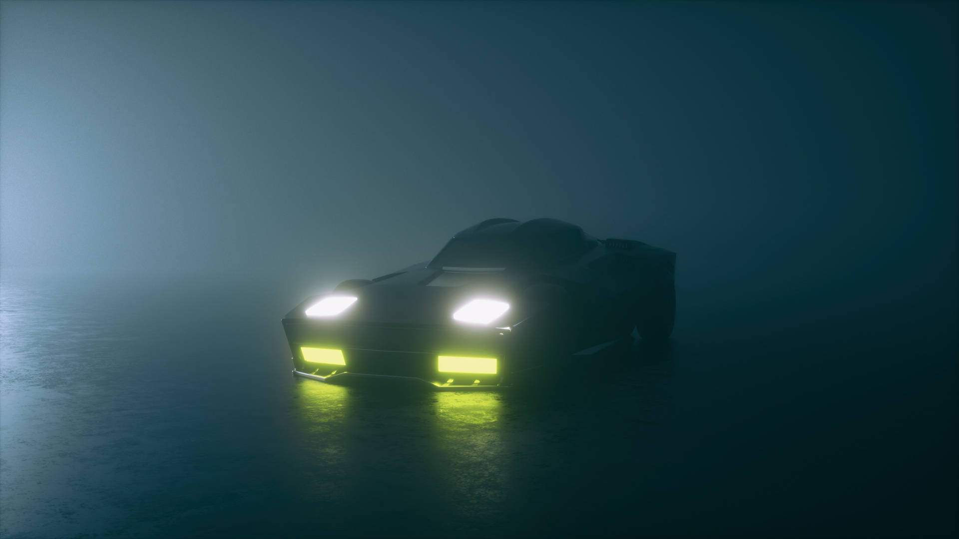 帶有發光車頭燈的未來主義汽車在霧濛濛的夜路上行駛。