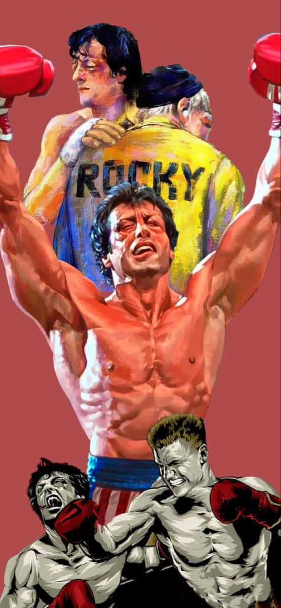 酷炫 Rocky Balboa 海報 壁紙 — 一幅動感插圖蒙太奇，描繪洛奇·巴爾博亞在純紅色背景上擺出勝利和激烈的拳擊姿勢。