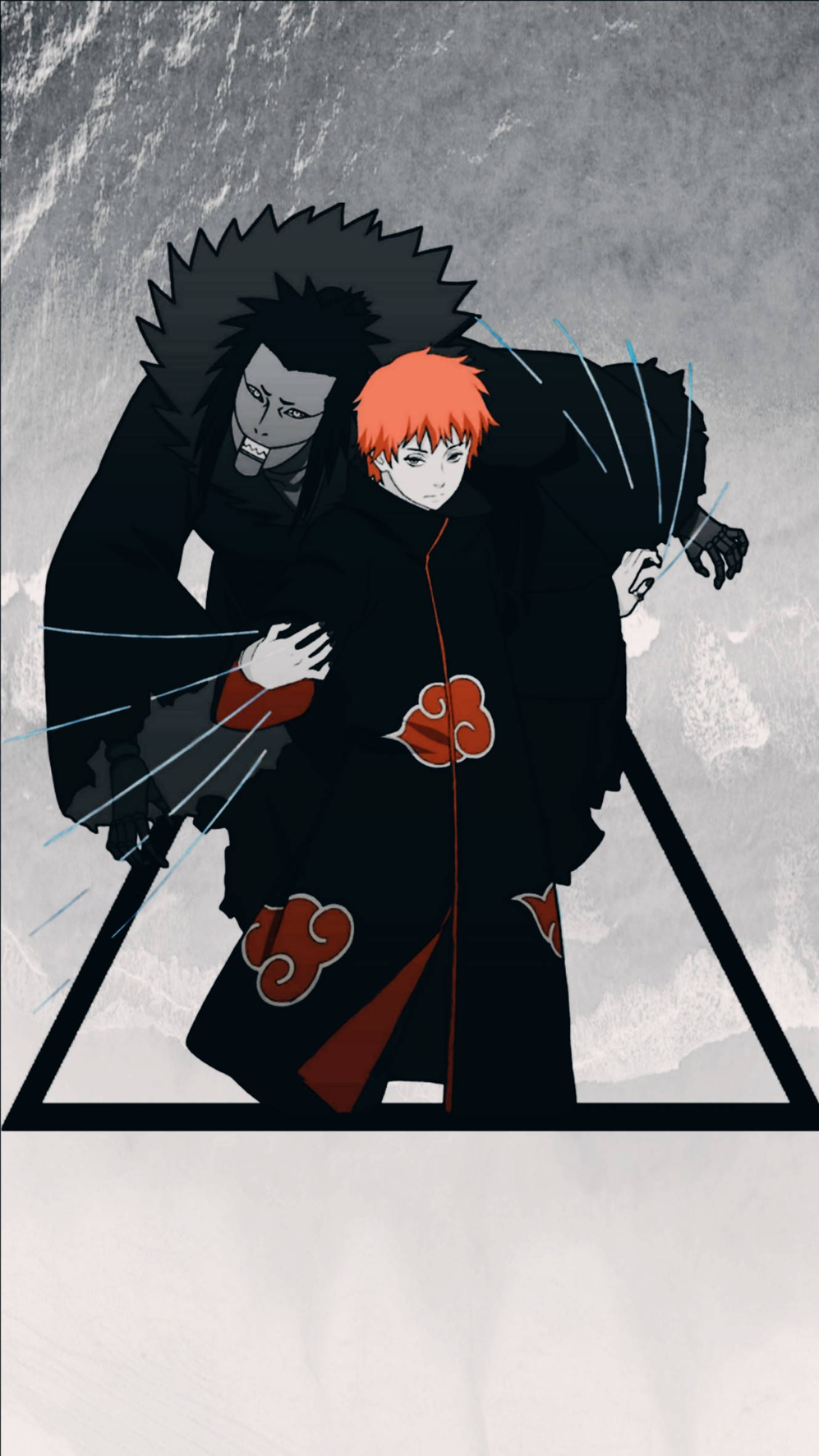 酷炫 Sasori 與第三 Kazekage 壁紙 — 兩個身穿黑色曉組織長袍的動漫角色，在灰色紋理背景前緊張對峙。