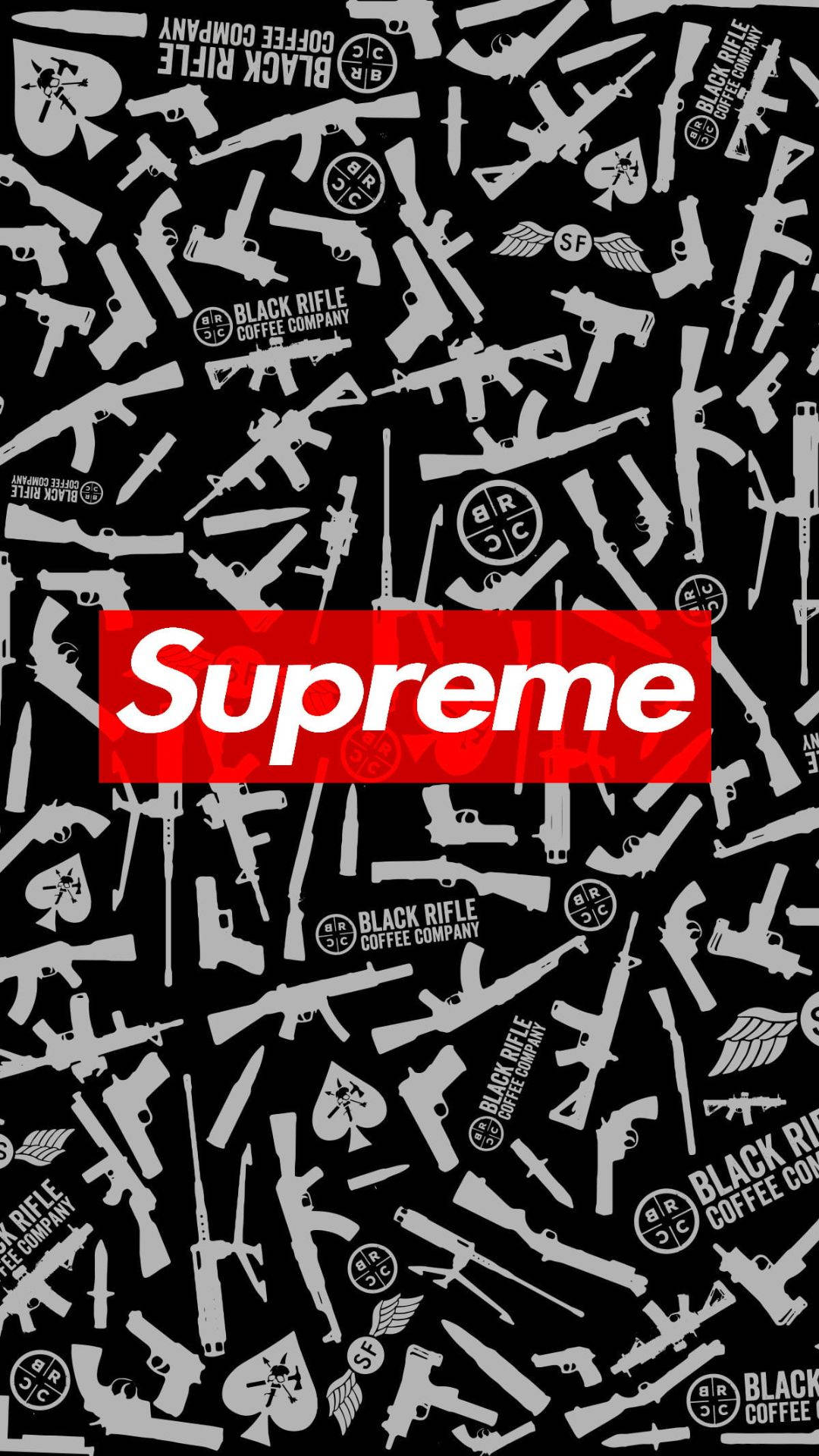 酷炫 Supreme 槍械陰影 壁紙 — 黑色背景上充滿白色槍枝剪影和 'Black Rifle Coffee Company' 標誌，並覆蓋著一個大膽的紅色 Supreme 標誌。