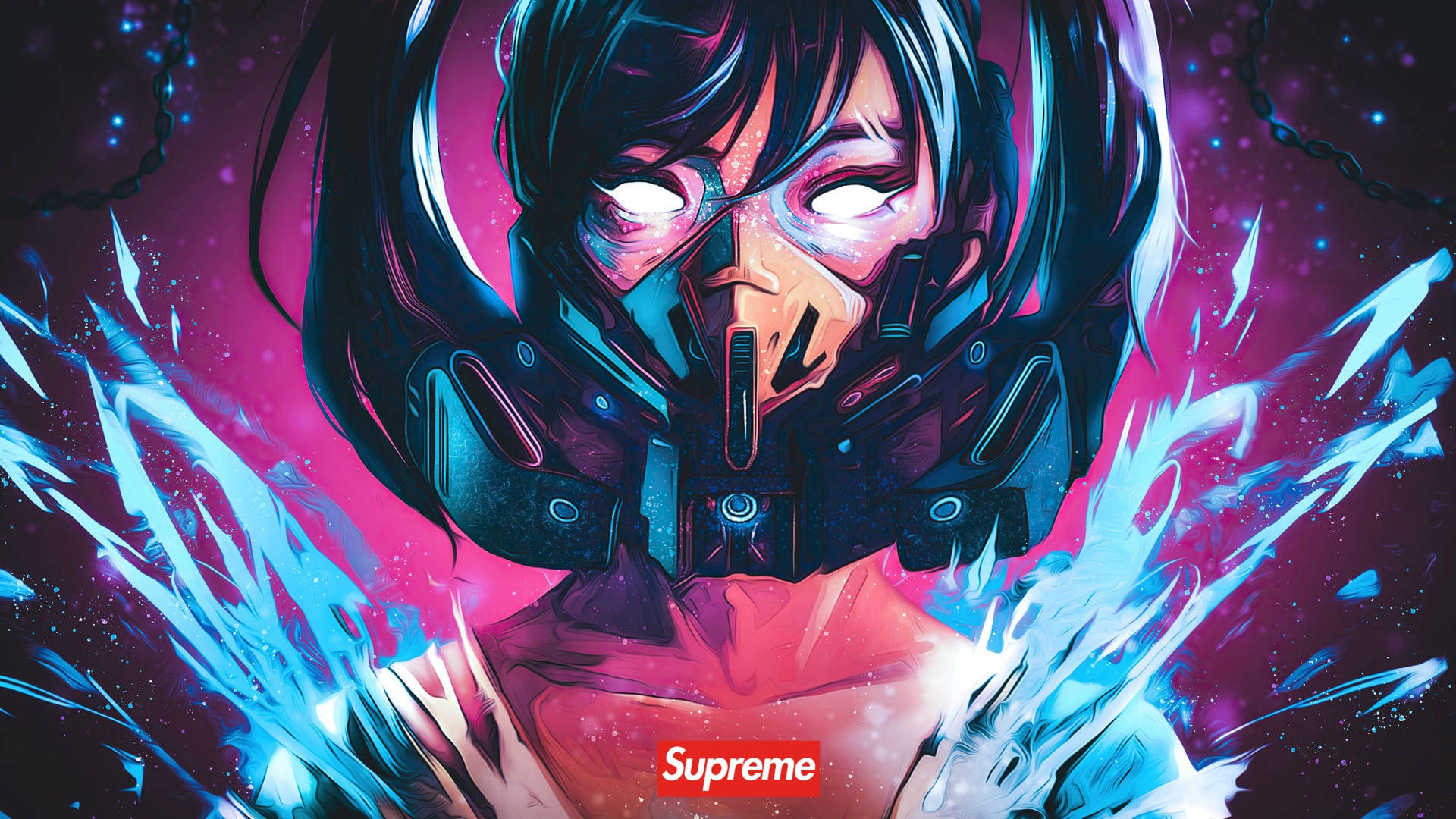 酷炫 Supreme 機械面具女 壁紙 — 一個擁有發光眼睛和未來裝備的賽博龐克動漫女孩衝破宇宙粉藍色能量場。