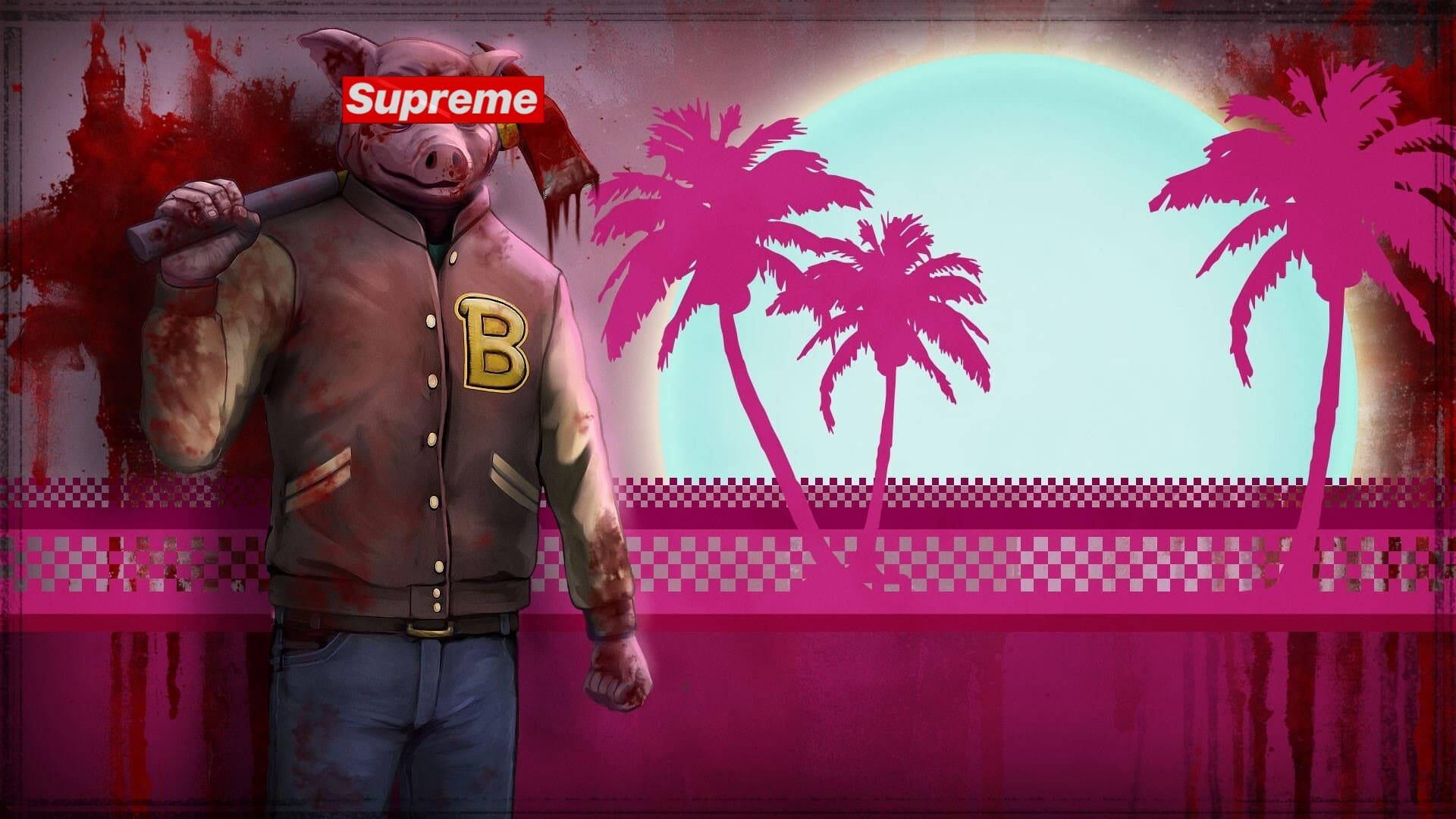 酷炫 Supreme 猪頭斧頭殺手 壁紙 — 一個豬頭人物穿著沾滿血跡的校隊夾克，在超現實的粉紅棕櫚樹背景和發光的太陽前握著一把斧頭。