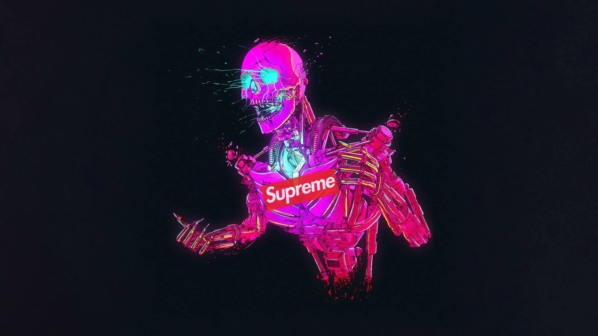 酷炫 Supreme 粉紅骷髏 壁紙 — 一個霓虹粉紅色的機械骷髏穿著Supreme連帽衫，背景為黑色，帶有發光的青色眼睛和潑濺效果。