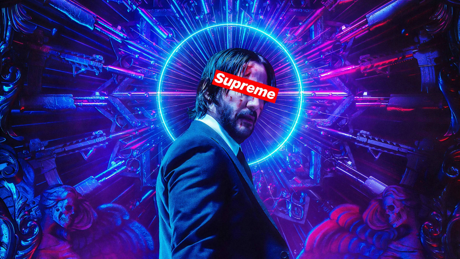 酷炫 Supreme 約翰威克 壁紙 — 一名身穿西裝、眼睛上方有紅色Supreme標誌的男子，站在發光的霓虹槍枝和頭骨之間，呈現賽博龐克場景。