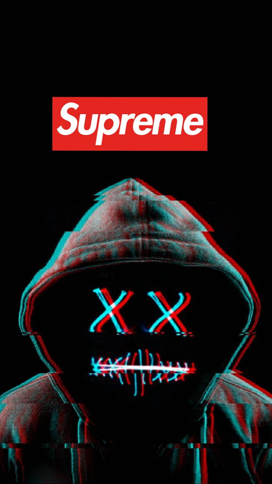 酷炫 Supreme 電腦故障面具 壁紙 — 一個穿著連帽衫的故障人物，擁有發光的紅色和藍色X眼睛和縫合的嘴巴，背景為黑色，帶有紅色Supreme標誌。