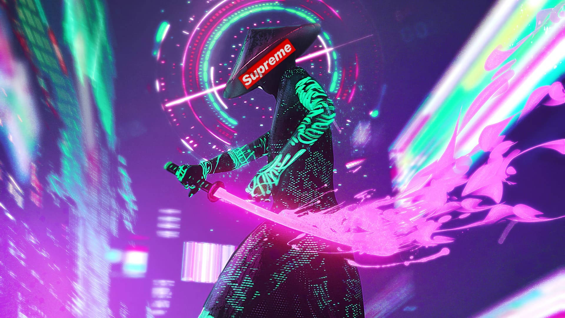 酷炫 Supreme 霓虹武士 壁紙 — 一個充滿霓虹色彩的賽博龐克武士戴著Supreme帽子，在數位能量爆發中揮舞著發光的劍。