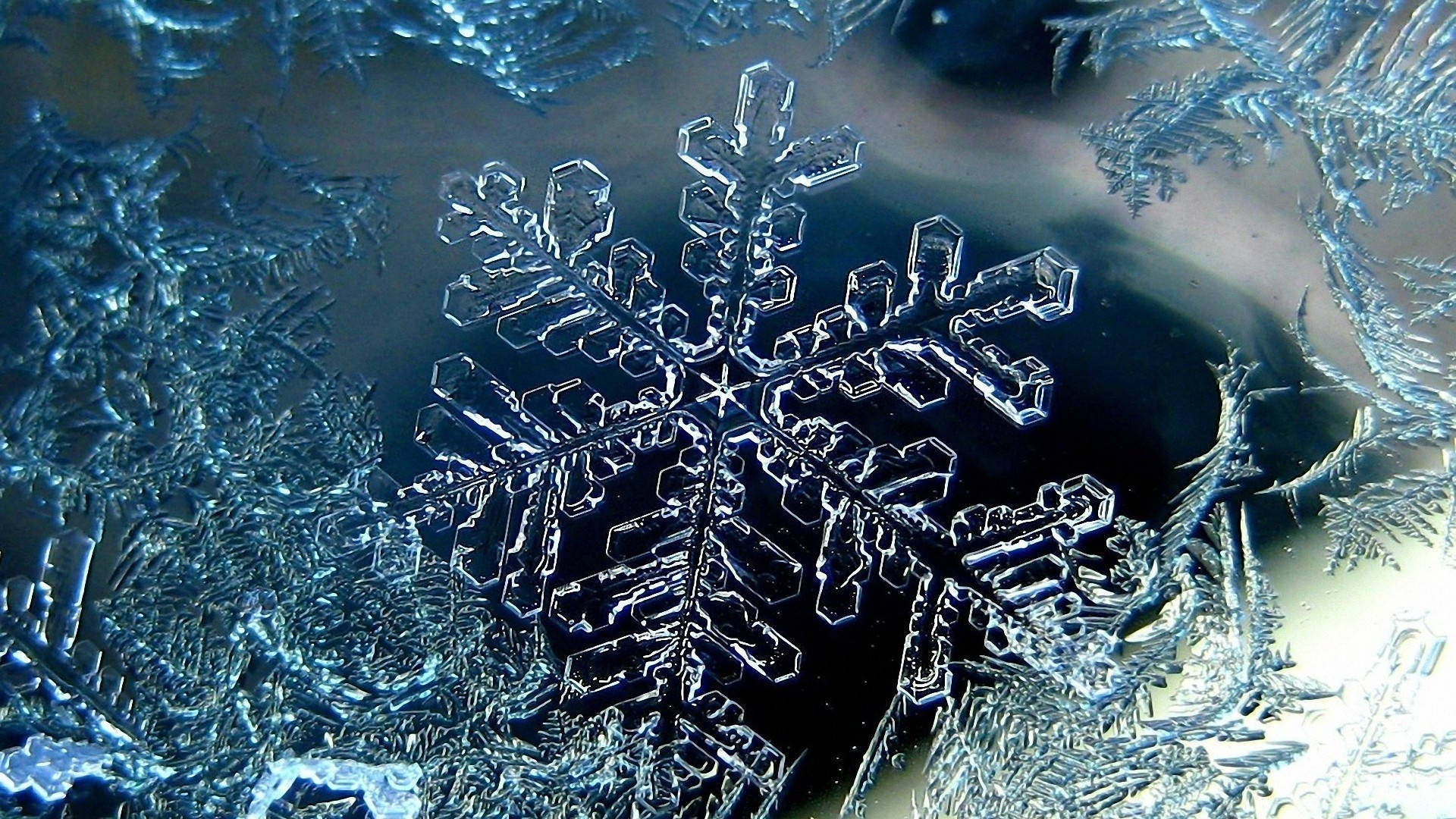 玻璃上詳細的冰晶雪花圖案，帶有藍色和白色色調。