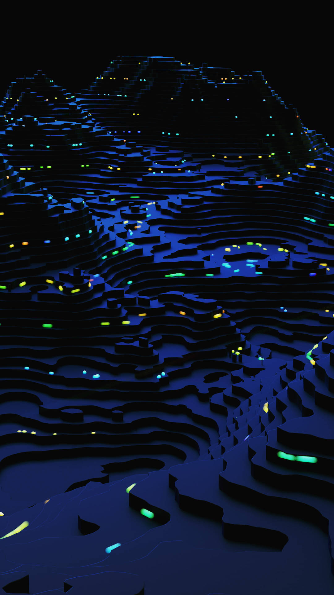 夜間帶有發光霓虹燈的抽象3D山脈