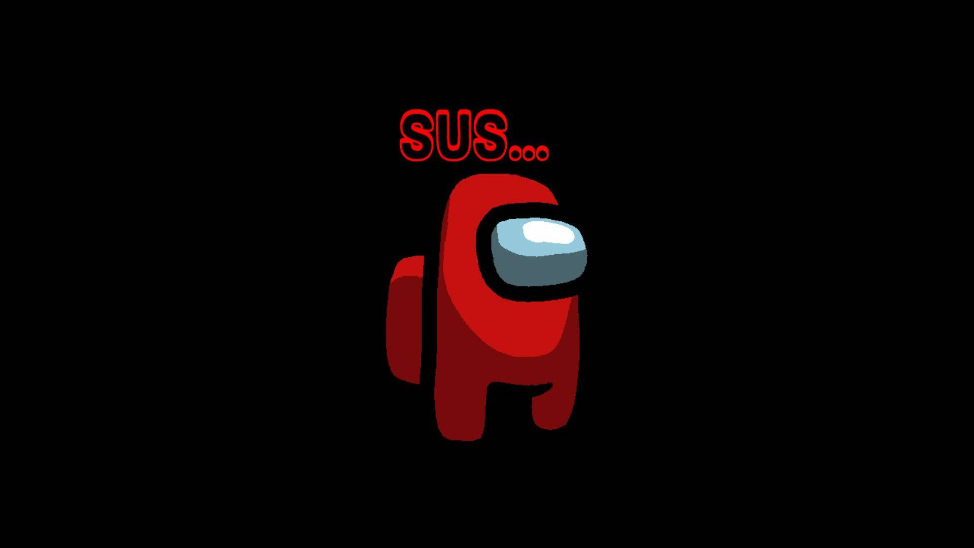 黑色背景上帶有「SUS...」文字嘅紅色Among Us角色。