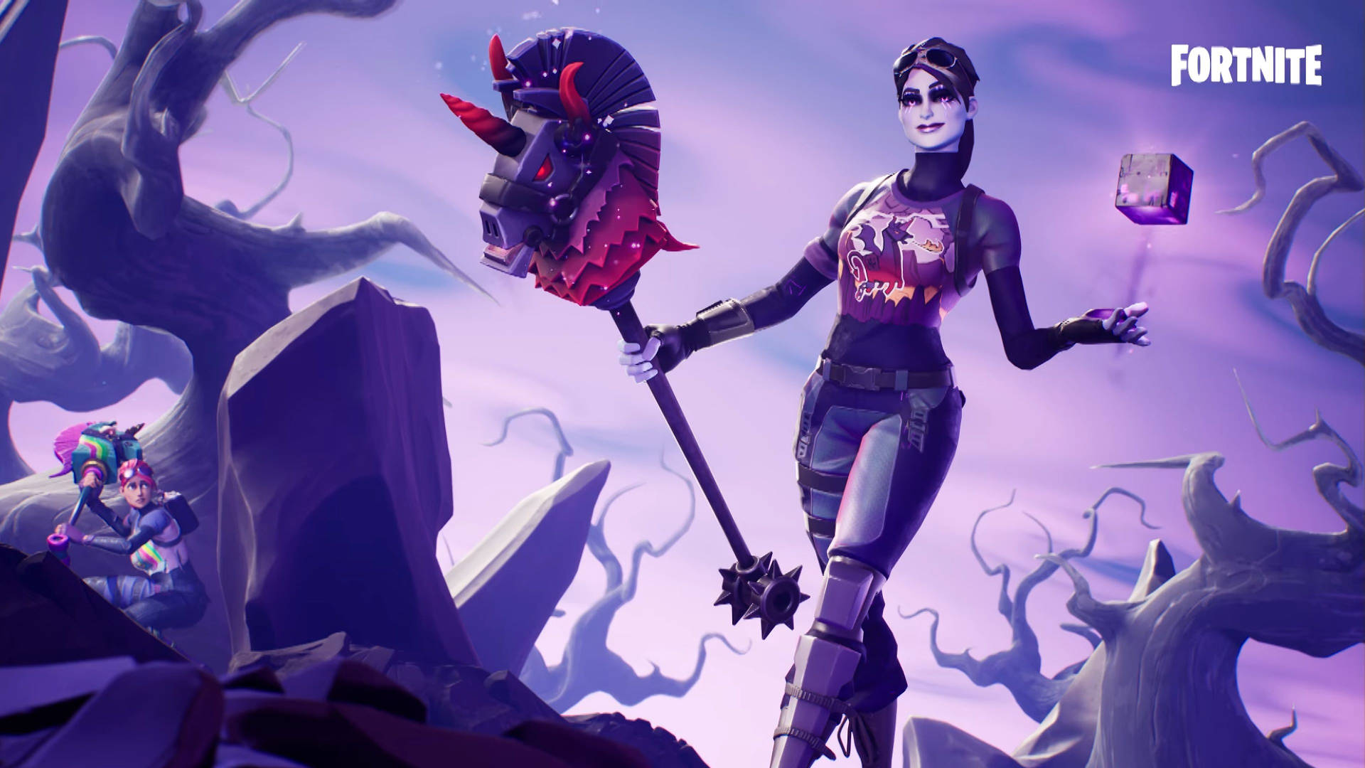 Fortnite角色在紫色幻想風景中手持惡魔錘。