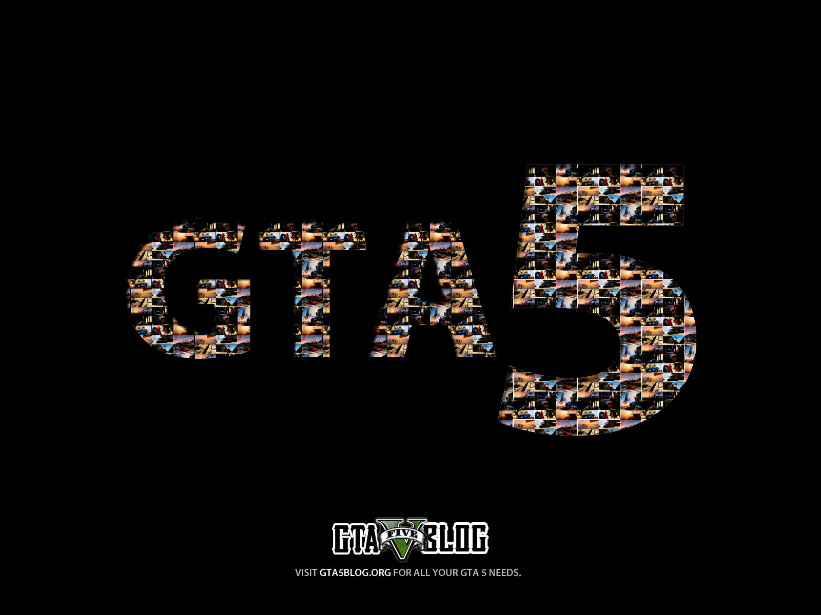 酷炫GTA 5 壁紙 — 字母GTA5在黑色背景上形成遊戲截圖的馬賽克，下方有GTA V博客標誌。