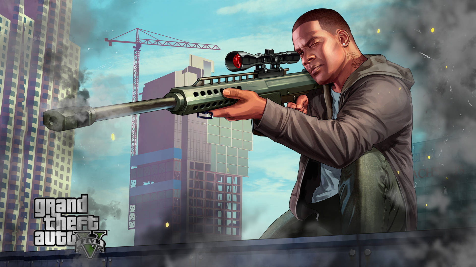 GTA V角色從城市屋頂瞄準狙擊步槍，伴有煙霧和建築物。