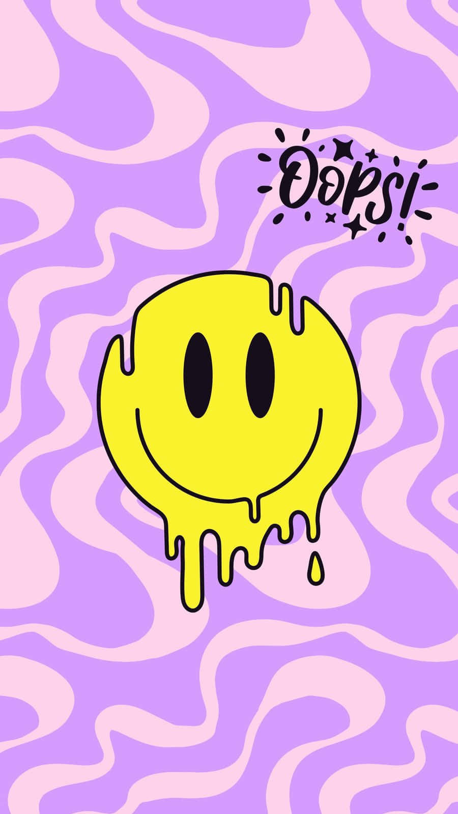 一個融化的黃色笑臉在旋轉的紫色和粉紅色背景上，帶有「OOPS!」文字。