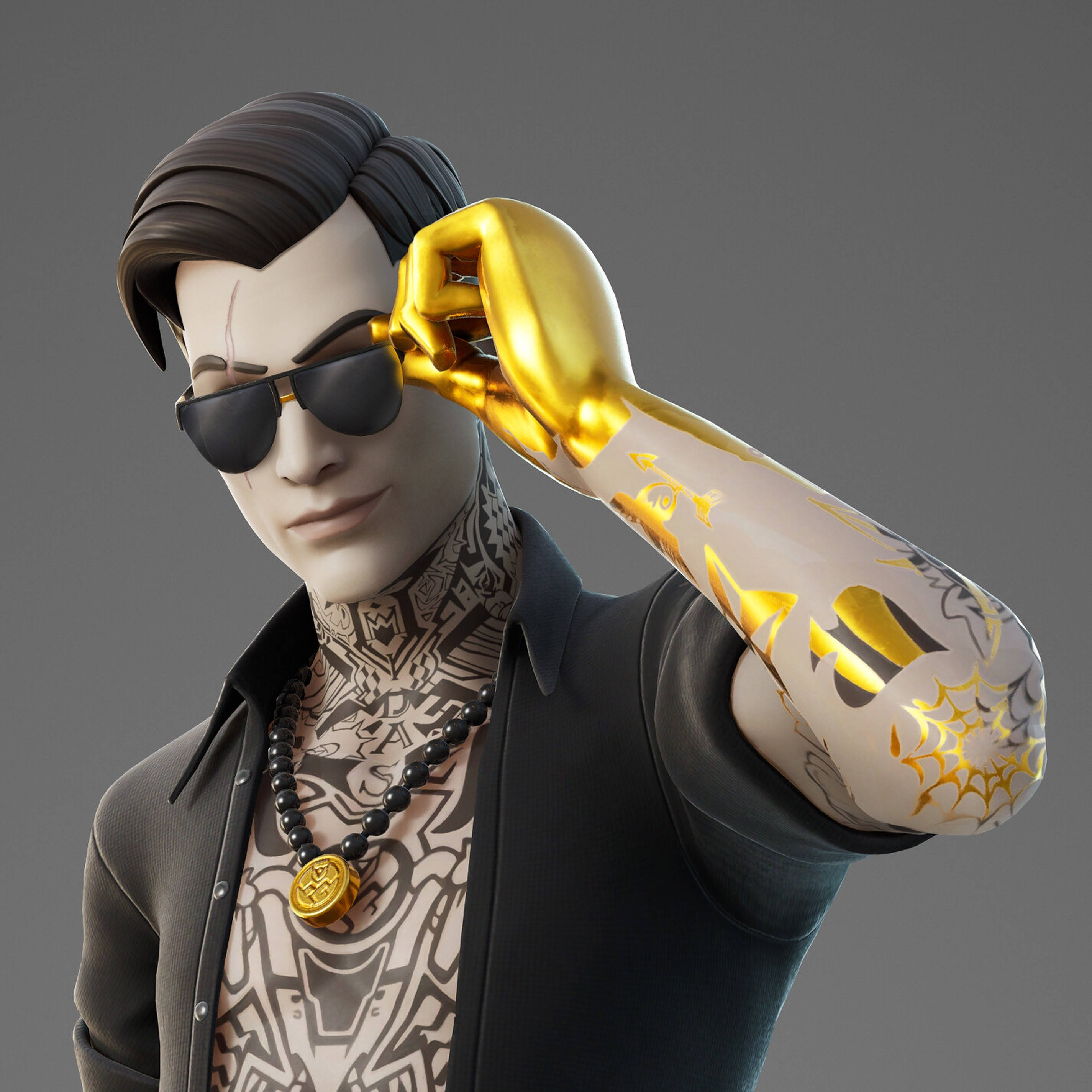 酷炫Midas《Fortnite》 壁紙 — 一個風格化的數位角色，擁有金色手臂和紋身，在灰色背景前調整太陽眼鏡。