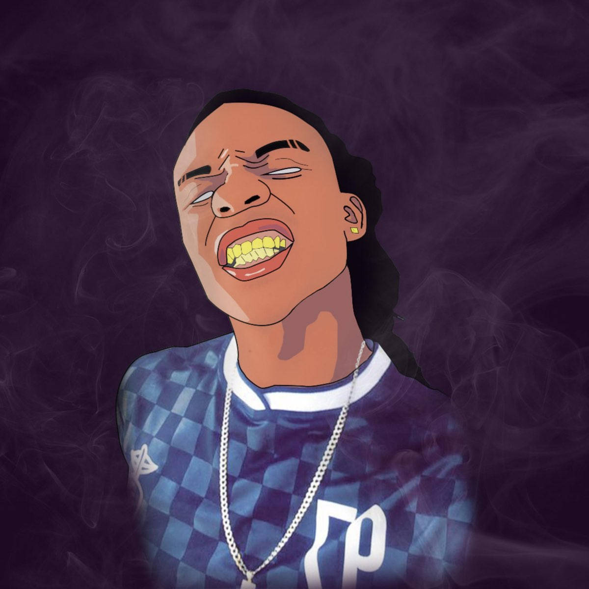 酷炫NBA YoungBoy卡通形象 壁紙 — 一個風格化的插圖，描繪一個辮子頭髮的人對著煙霧紫色背景尖叫。