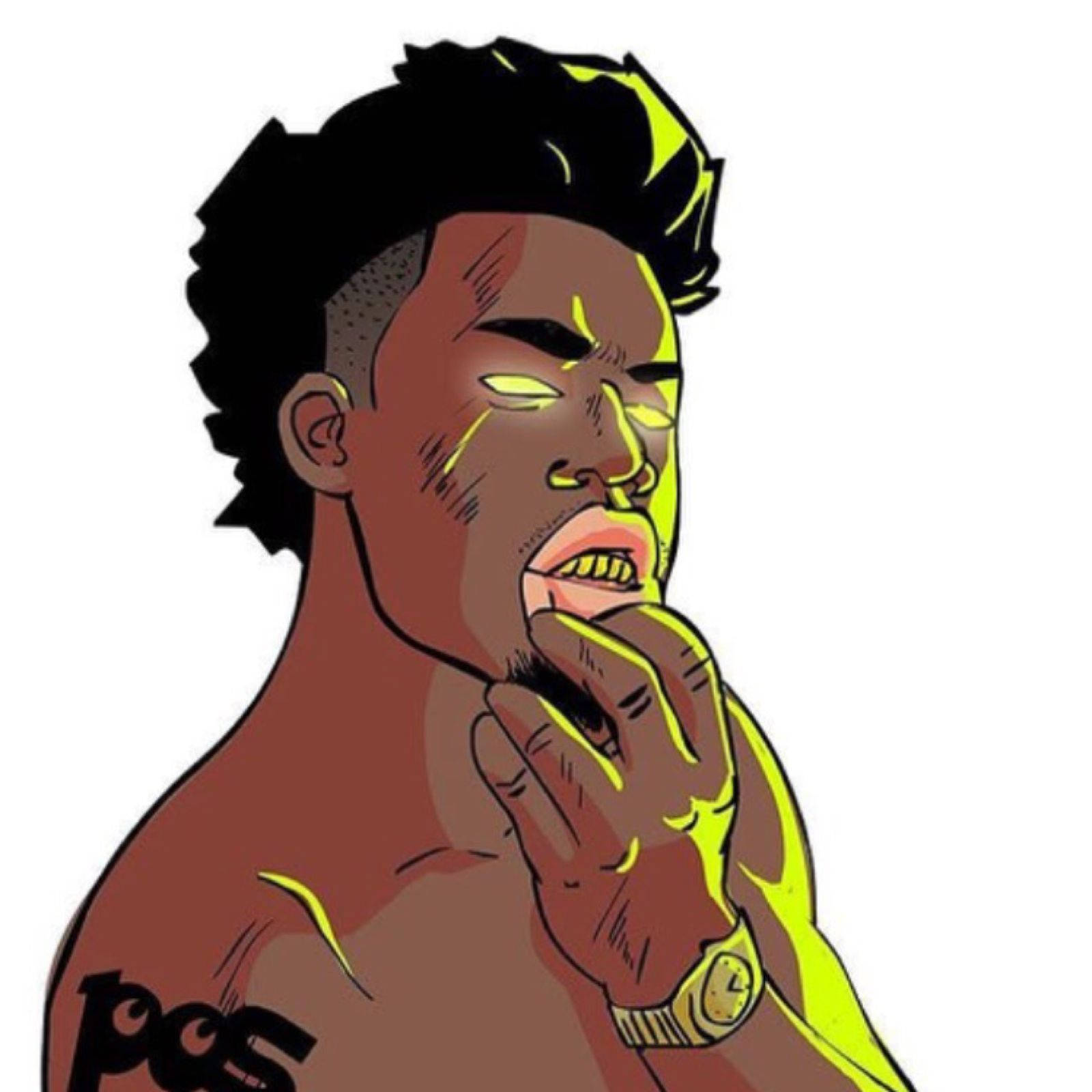 酷炫NBA YoungBoy卡通 壁紙 — 一個風格化的插圖，描繪一名男子帶有發光的黃色亮點，咬著手指，戴著金色手錶。
