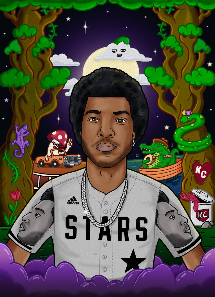 酷炫NBA YoungBoy卡通形象 壁紙 — 一個風格化的插圖，描繪一名身穿棒球衣的男子，在繁星點點的夜空下，被奇特的樹木和卡通生物環繞。