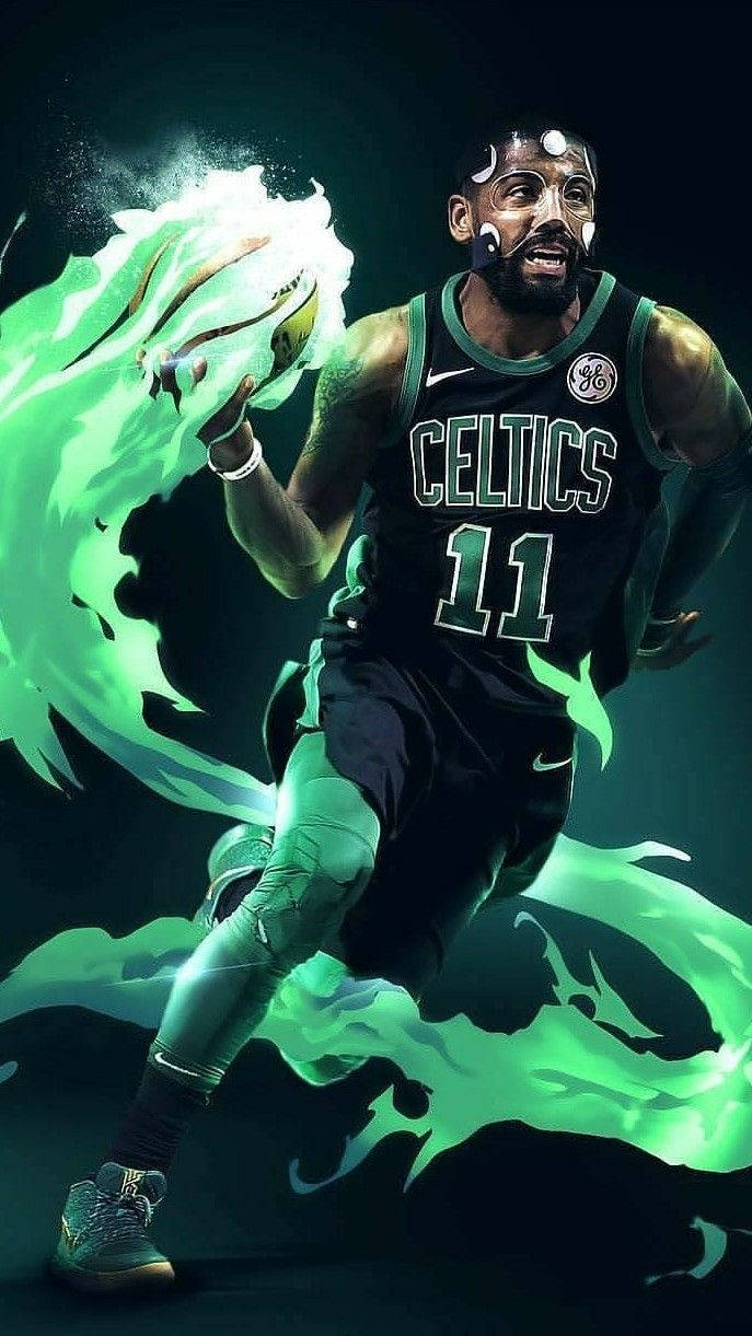 酷炫NBA 勇士隊海報 壁紙 — 一名身穿塞爾特人球衣的籃球運動員運著一顆發光的綠色球，周圍環繞著超自然能量。
