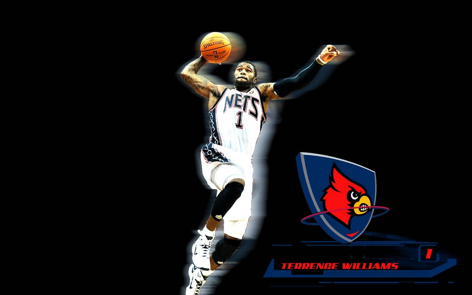 酷炫NBA 網隊海報 壁紙 — 一名身穿Nets球衣的籃球運動員在黑色背景上動態跳躍，背景上有紅色主教標誌和他的名字在下方。
