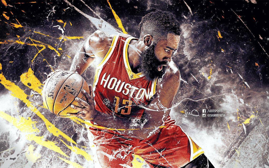 酷炫NBA 詹姆斯·哈登海報 壁紙 — 一名身穿侯斯頓球衣的動感籃球運動員在深色背景下，於爆炸性的黃色和白色油漆飛濺中激烈運球。