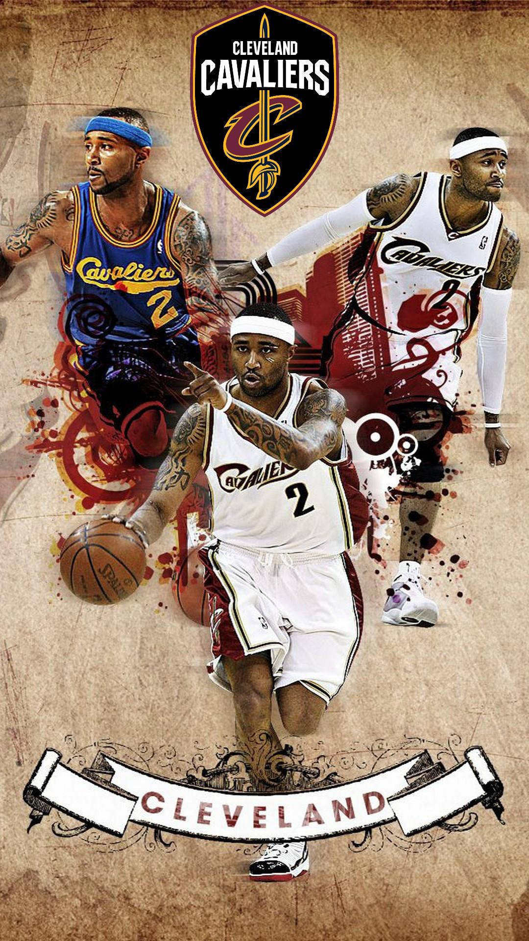 酷炫NBA克里夫蘭騎士隊海報 壁紙 — 克里夫蘭騎士隊籃球運動員動態拼貼畫，展示動作姿勢、球隊標誌和裝飾橫幅，背景有紋理。