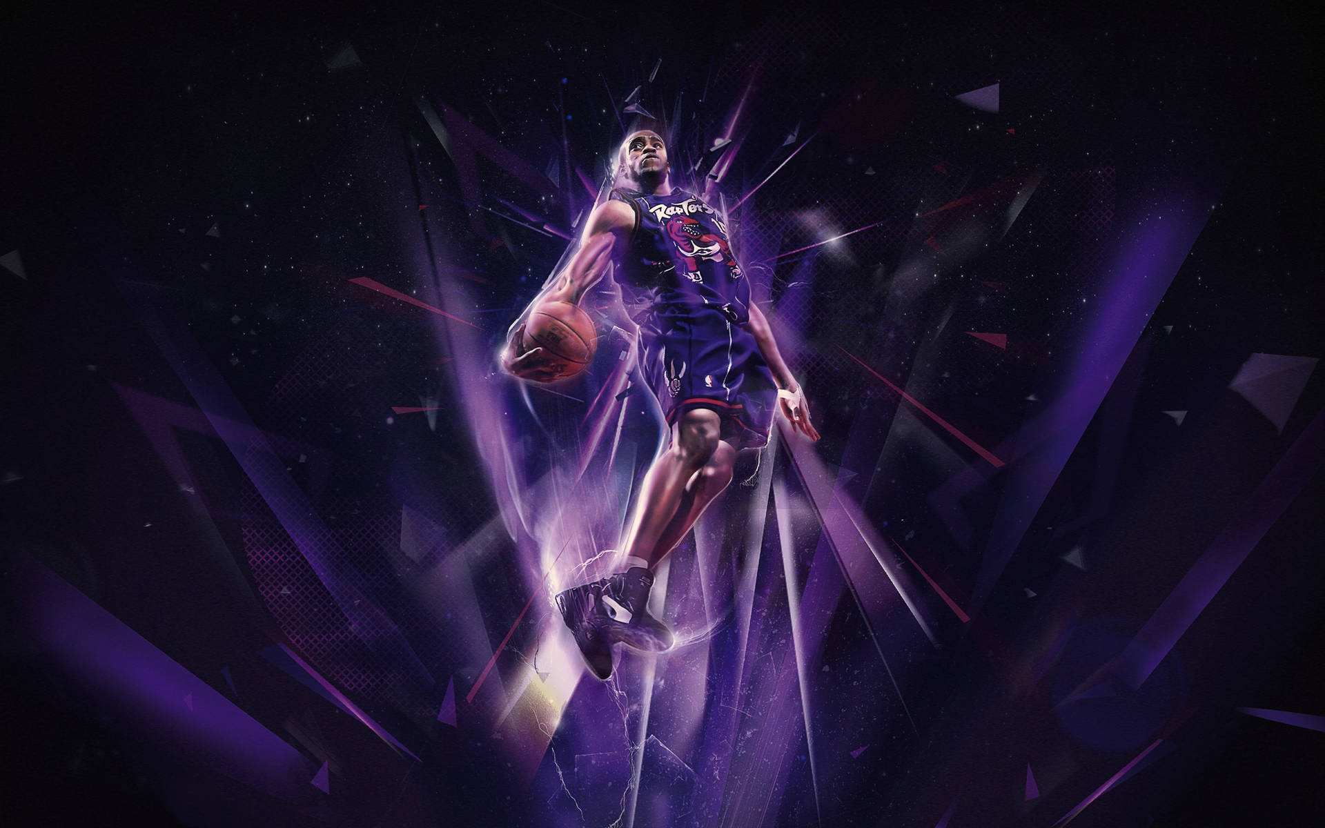酷炫NBA球星文斯·卡特 壁紙 — 一名身穿紫色Raptors球衣的籃球運動員在破碎的紫色和黑色宇宙背景前動態跳躍。