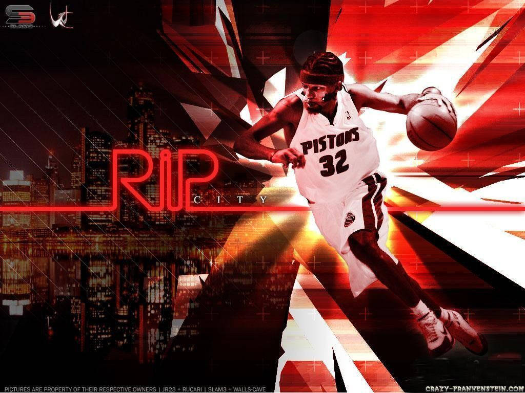 身穿活塞隊球衣的籃球運動員在風格化的城市夜景中運球，帶有「RIP CITY」文字。