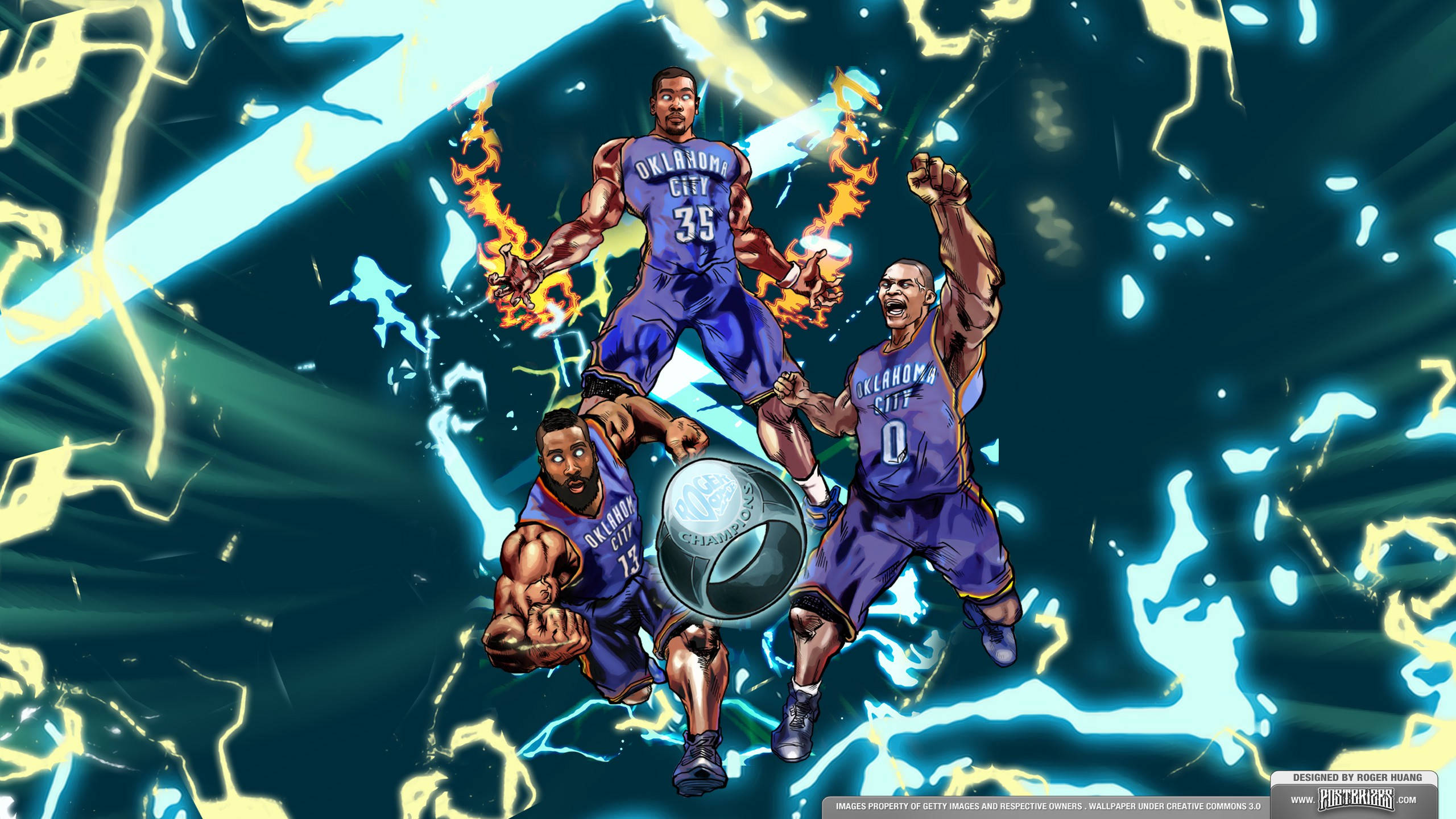 酷炫NBA藝術作品 壁紙 — 三名身穿紫色球衣的奧克拉荷馬城雷霆籃球運動員在黑暗背景上動態跳躍，背景充滿電光藍色和火熱橙色的能量。