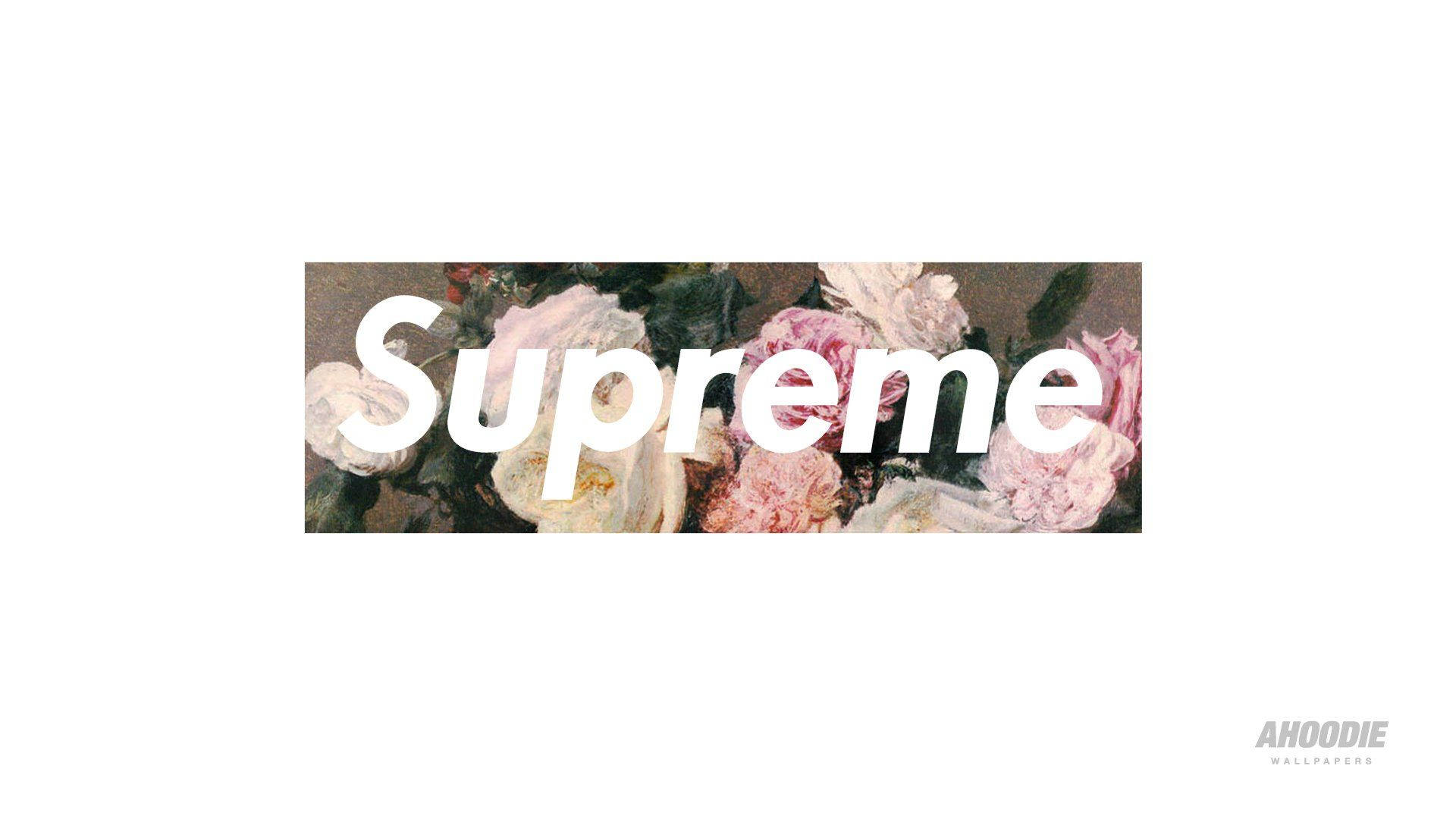酷炫Supreme白玫瑰 壁紙 — 大膽的白色 'Supreme' 標誌覆蓋在柔粉色和奶油色玫瑰與深綠色葉子的繪畫風格花束上。