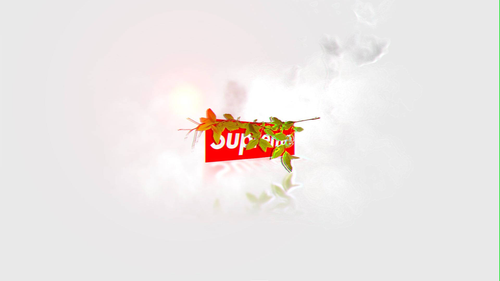 酷炫Supreme簡約葉狀雲朵 壁紙 — 一個紅色Supreme方盒標誌，飾以秋葉，漂浮在柔軟的白雲中，背後有發光的光線。