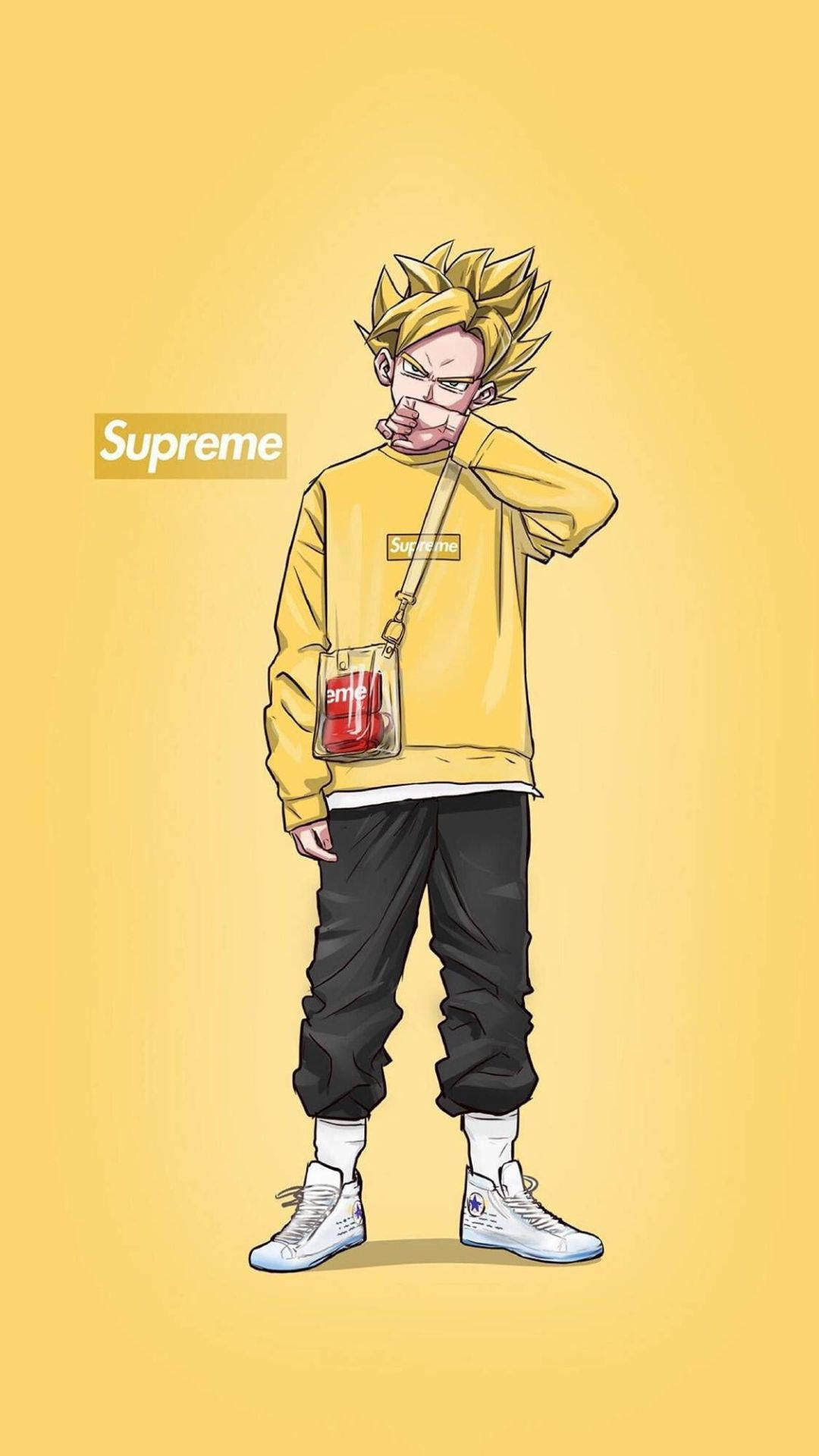 酷炫Supreme賽亞人特蘭克斯 壁紙 — 一個風格化的動漫角色，有著尖刺的黃色頭髮，穿著黃色Supreme連帽衫，並用透明袋攜帶紅色飲料。