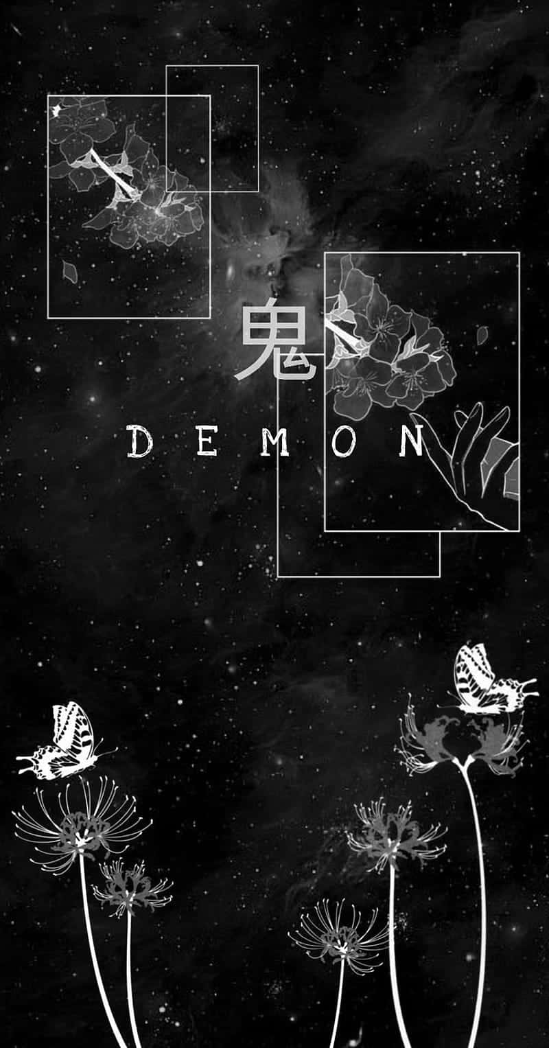 鬼魅嘅花同蝴蝶喺星光閃爍嘅宇宙夜晚漂浮，伴隨住「惡魔」呢個字。