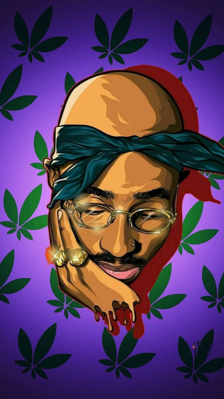 Tupac Shakur 肖像，戴著頭巾和戒指，背景為紫色大麻葉。