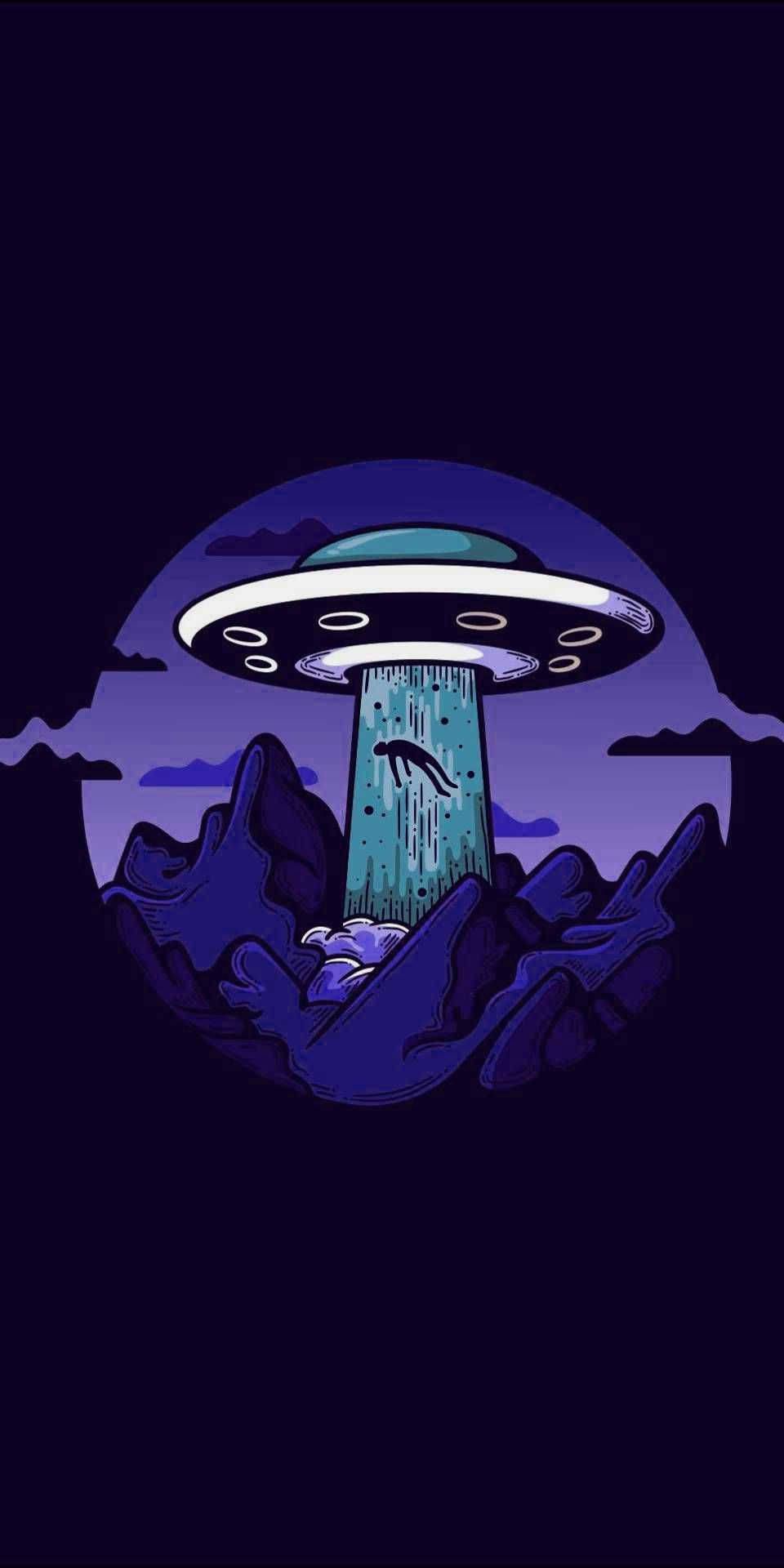 在紫色夜空下，UFO從山頂綁架了一個人影。