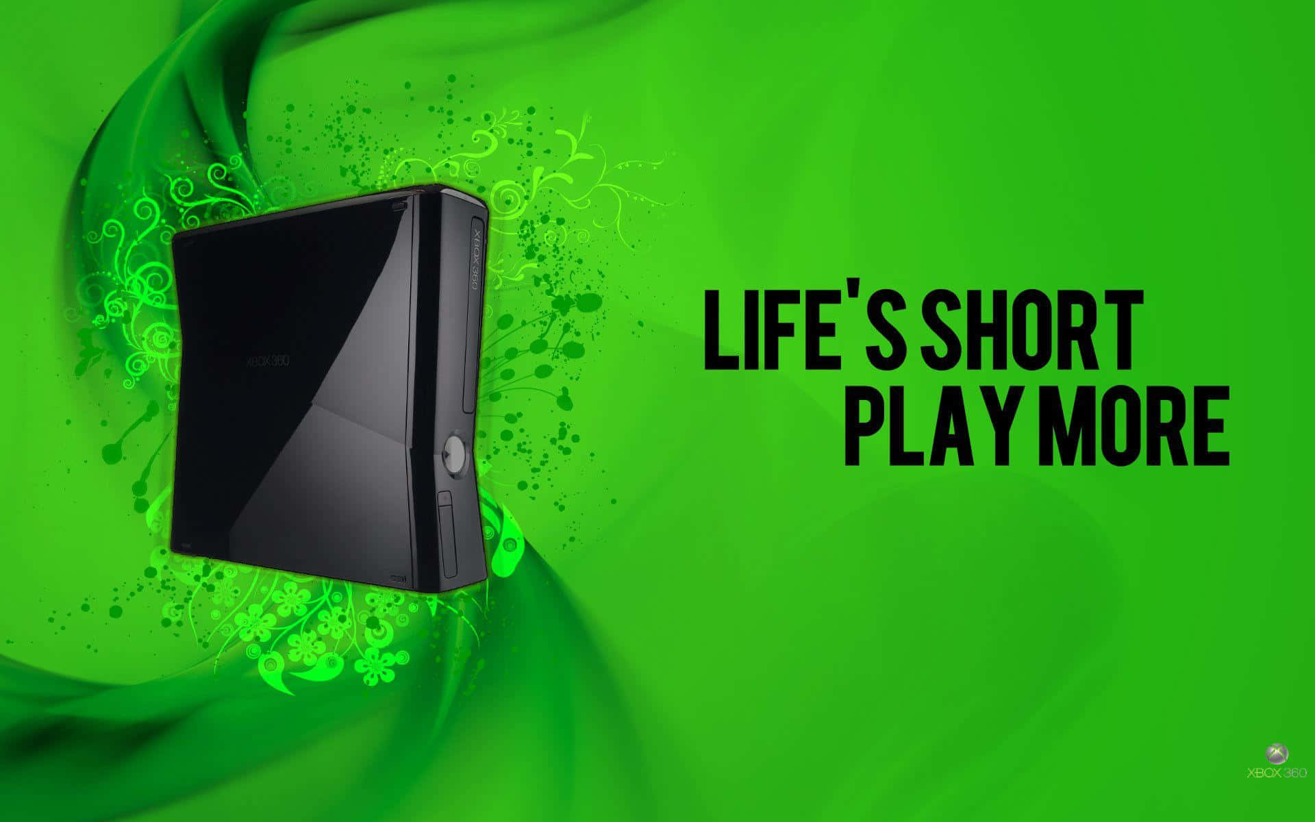 酷炫Xbox：探索遊戲的未來 壁紙 — 一部黑色Xbox 360主機漂浮在充滿花卉圖案和粗體文字life's short play more的鮮綠色漩渦背景上。