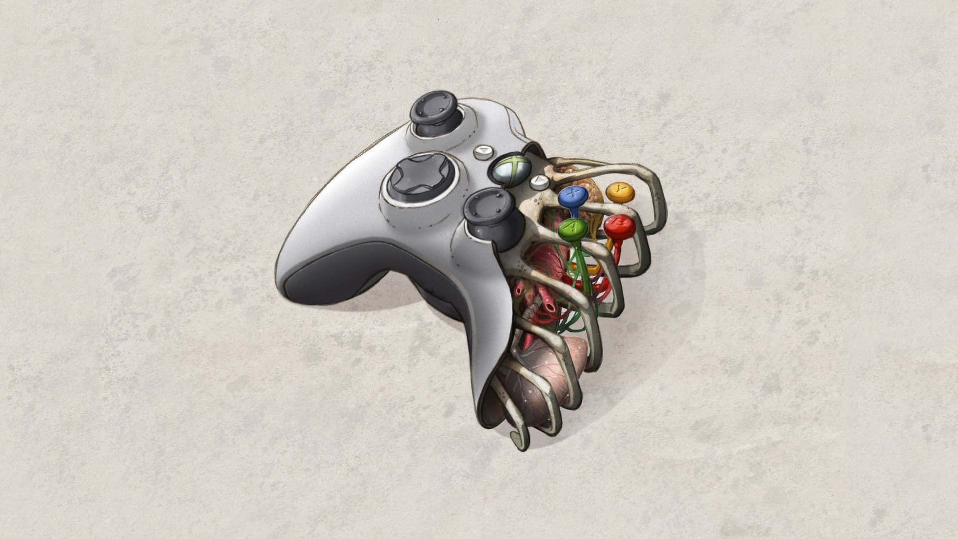 酷炫Xbox，遊戲即將開始！ 壁紙 — 一個銀色遊戲控制器，內部線路外露，彩色按鈕像機械心臟般突出。