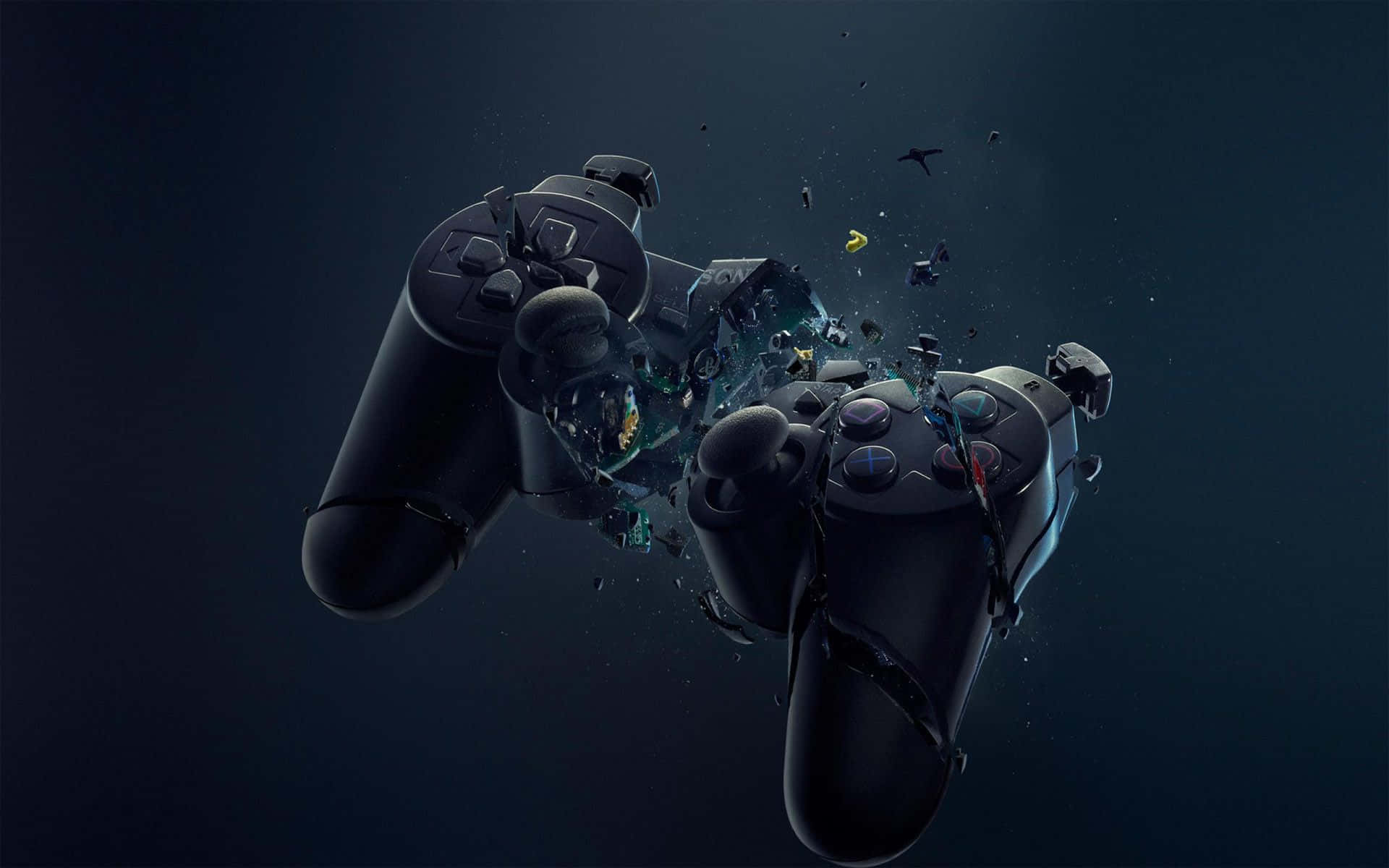 酷炫Xbox破碎控制器 壁紙 — 兩個黑色遊戲控制器在深藍色背景上，伴隨著發光粒子，在半空中戲劇性地碎裂。