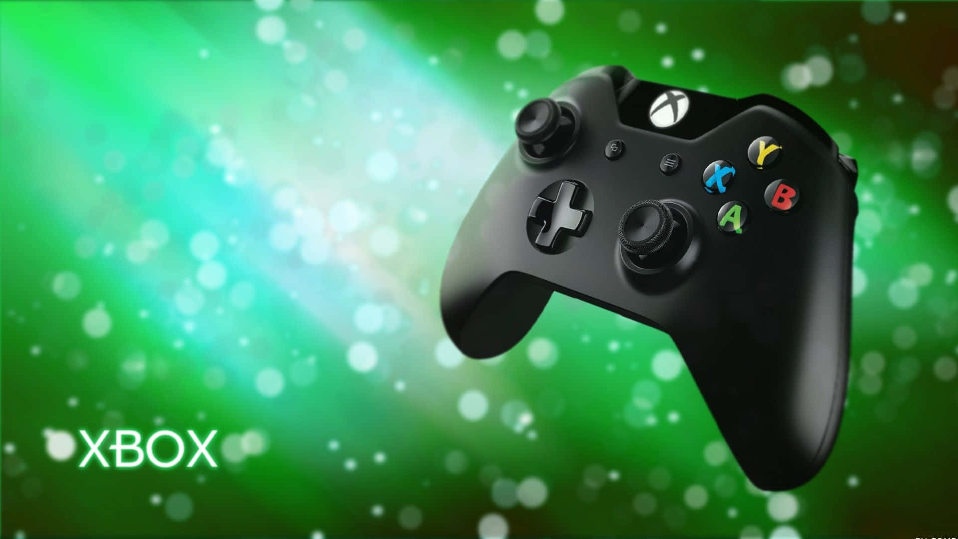酷炫Xbox綠色海報 壁紙 — 一個黑色Xbox手掣漂浮在充滿活力的綠色散景背景上，帶有發光的光條。